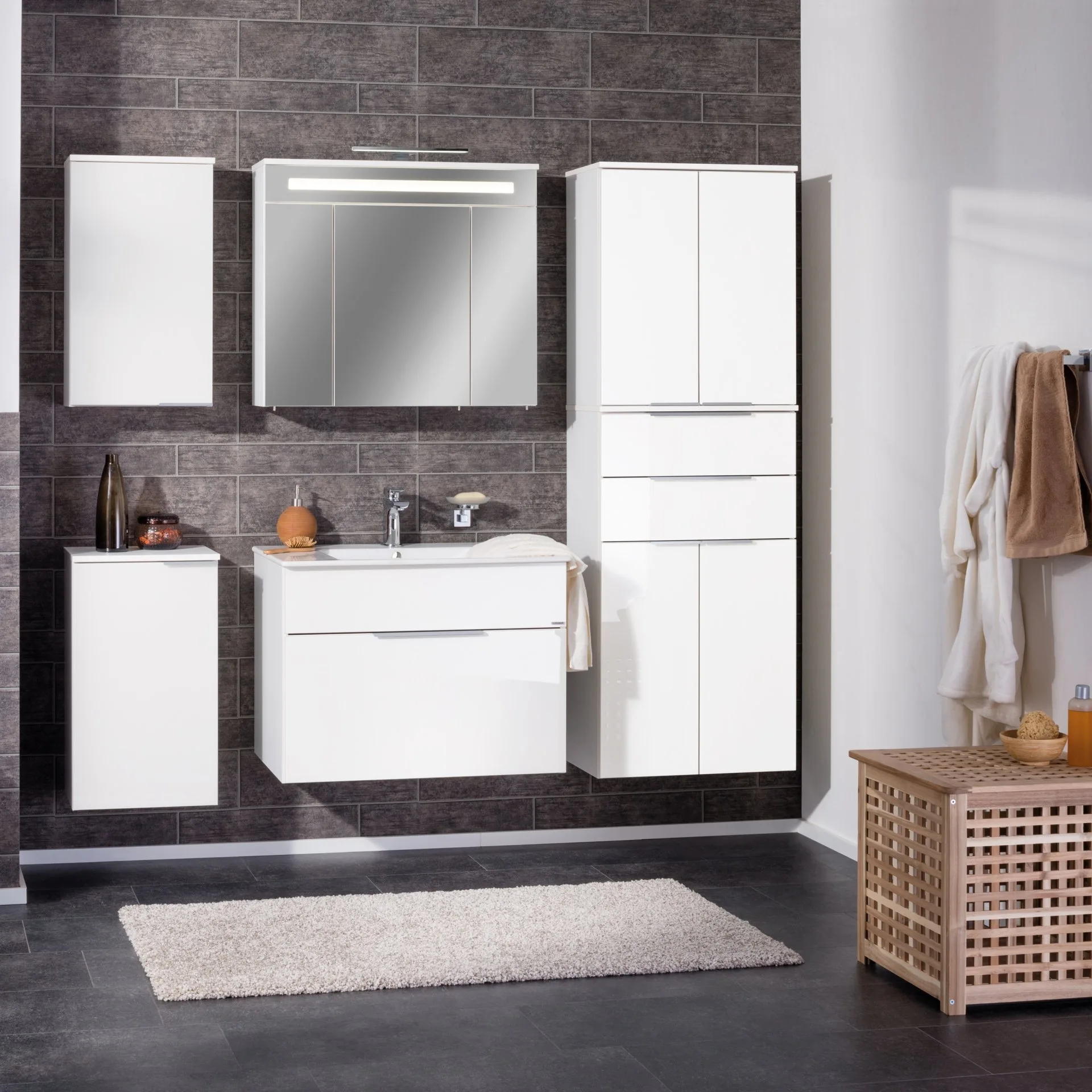 FACKELMANN KARA Waschtisch Set mit Spiegelschrank 80 cm breit, Weiß, Waschbecken Keramik Weiß, 1 Schublade