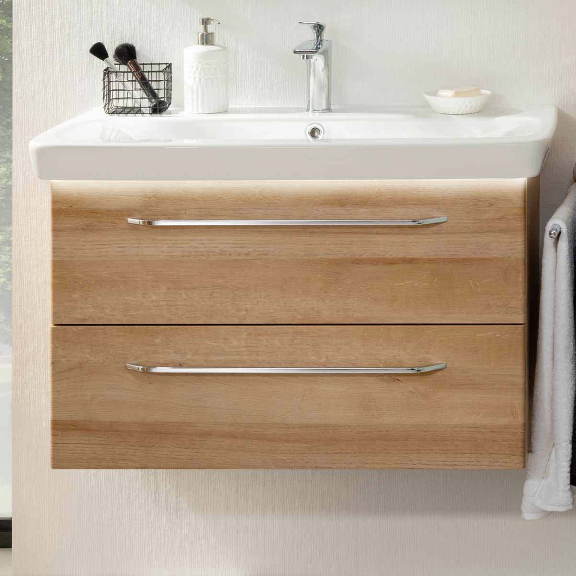 FACKELMANN MILANO Waschbecken mit Unterschrank 88 cm breit, Braun hell, Waschbecken Keramik Weiß + Waschbeckenbeleuchtung