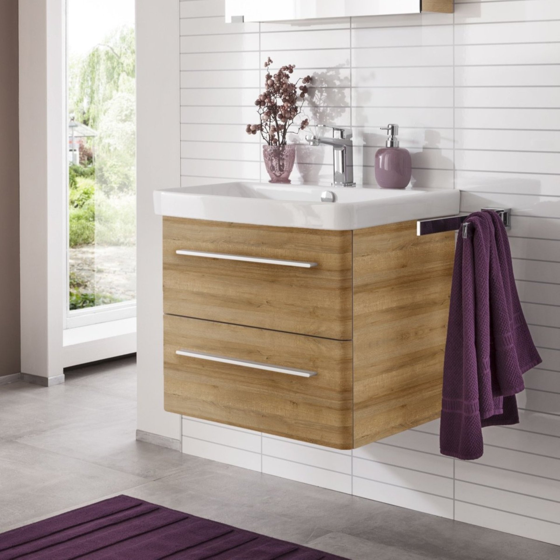 LANZET K8 Waschbecken mit Unterschrank, 60 cm breit, Braun hell, Waschbecken Keramik Weiß