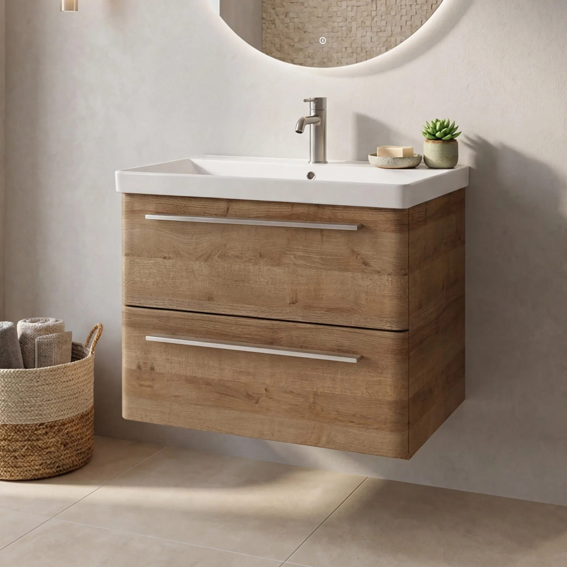 LANZET K8 Waschbecken mit Unterschrank, 60 cm breit, Braun hell, Waschbecken Keramik Weiß