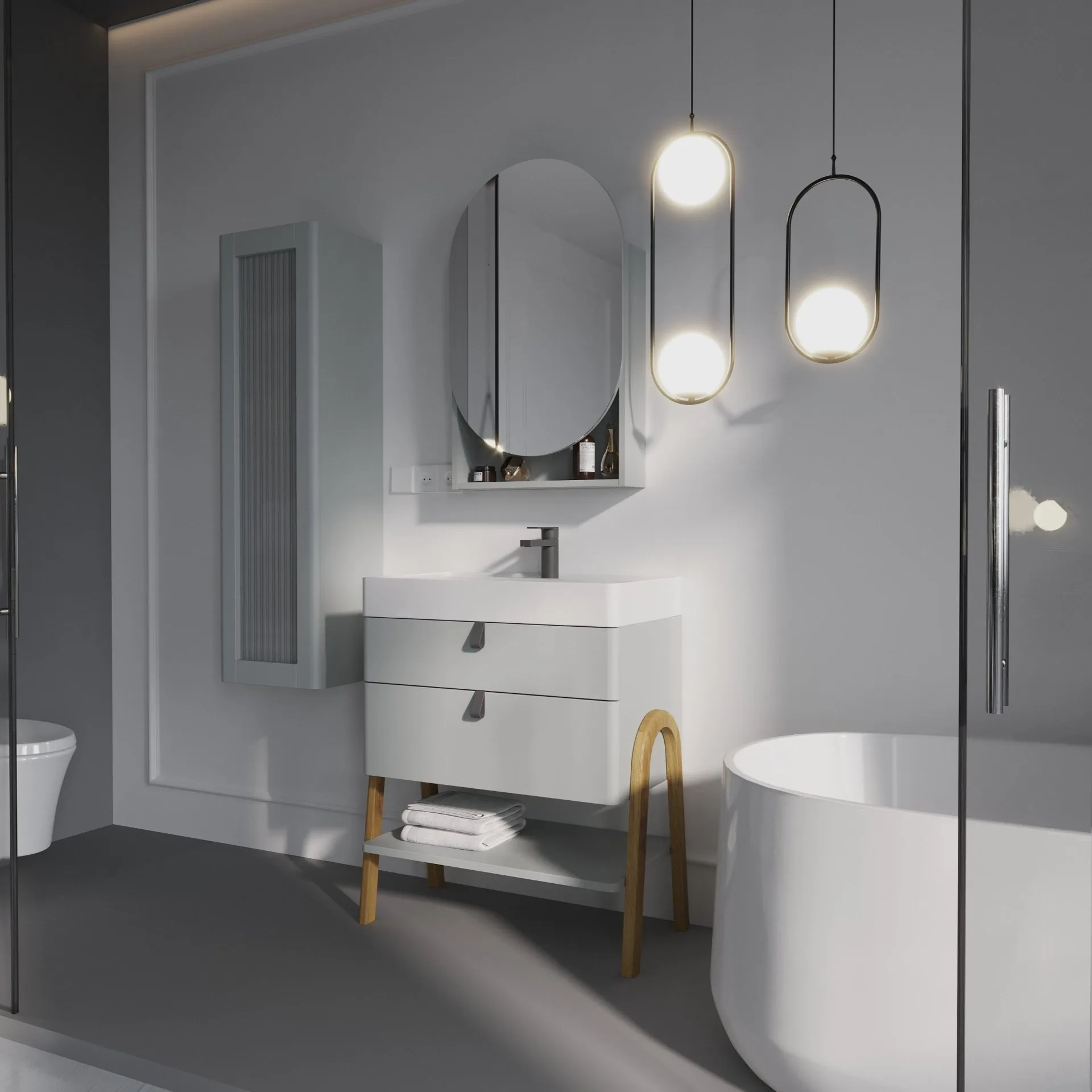 BADEDU PINA Waschbecken mit Unterschrank 70 cm breit, Grau, Waschbecken Gussmarmor Weiß, mit Füßen