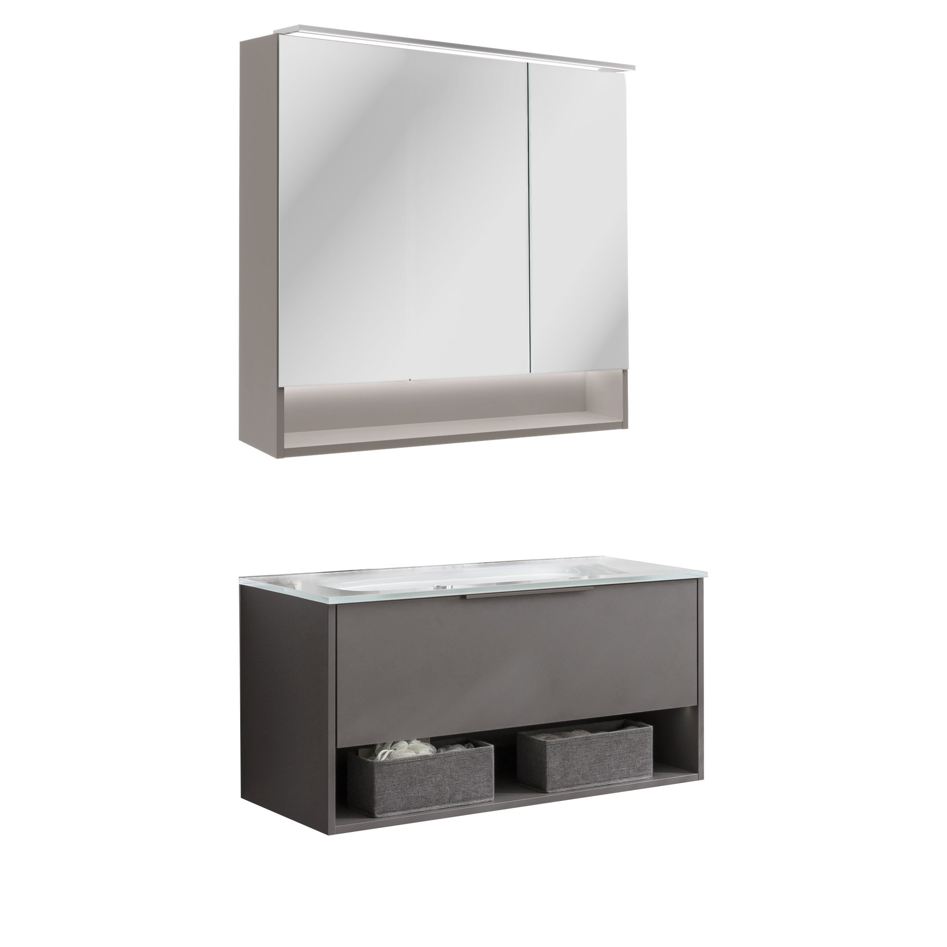 FACKELMANN B.PARIS Waschtisch Set mit Spiegelschrank 90 cm breit, Grau, Waschbecken Glas Weiß