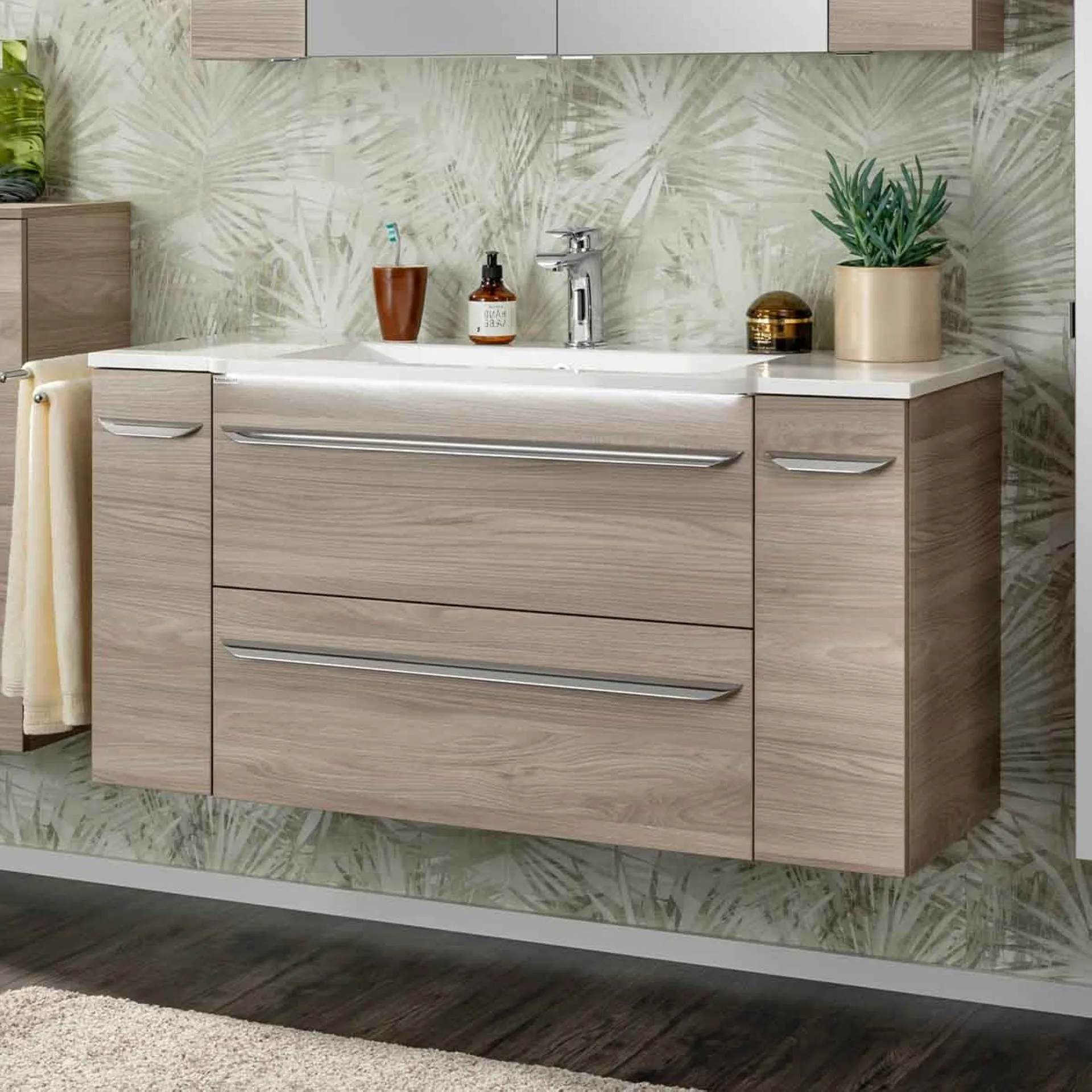 FACKELMANN LUXOR Badmöbel Set 4-teilig 120 cm breit, Braun hell, Waschbecken Gussmarmor Weiß + Unterschränke
