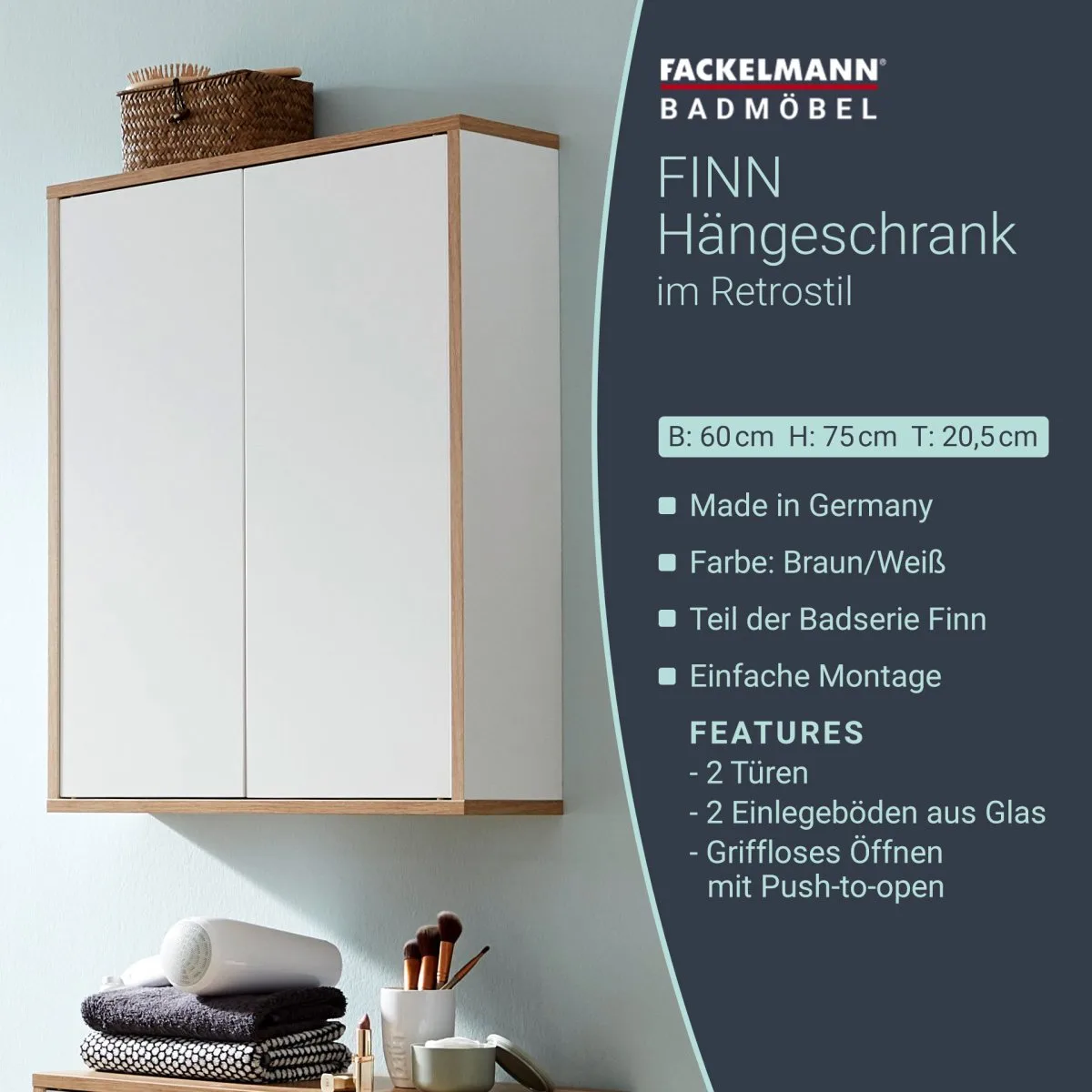 FACKELMANN FINN Doppel Hängeschrank 60 cm breit, Braun hell/Weiß