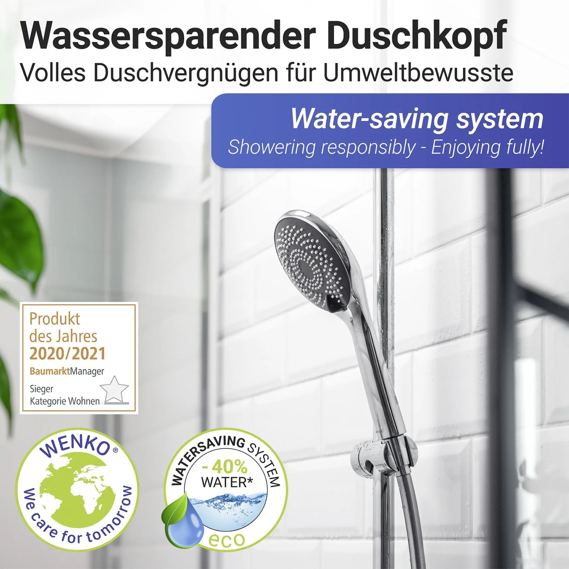 WENKO Duschkopf Ø 11 cm, Chrom/Grau, mit Wassersparsystem, 3 verschiedene Wasserstrahlarten