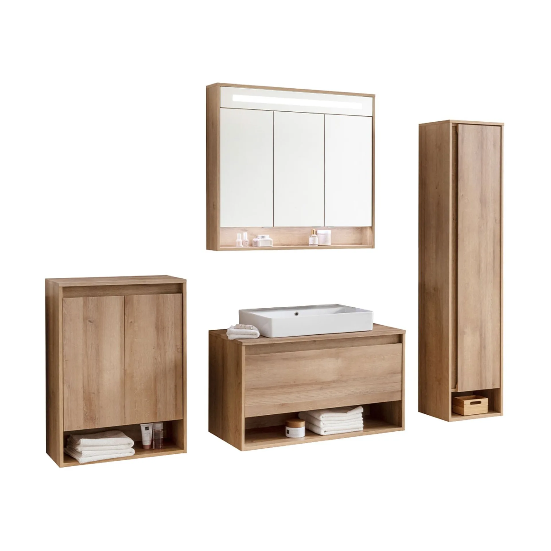 FACKELMANN NATURA Badmöbel Set 5-teilig 94 cm breit, Braun hell, Aufsatzwaschbecken Keramik Weiß + LED Spiegelschrank + Doppel Midischrank + Hochschrank Türanschlag rechts
