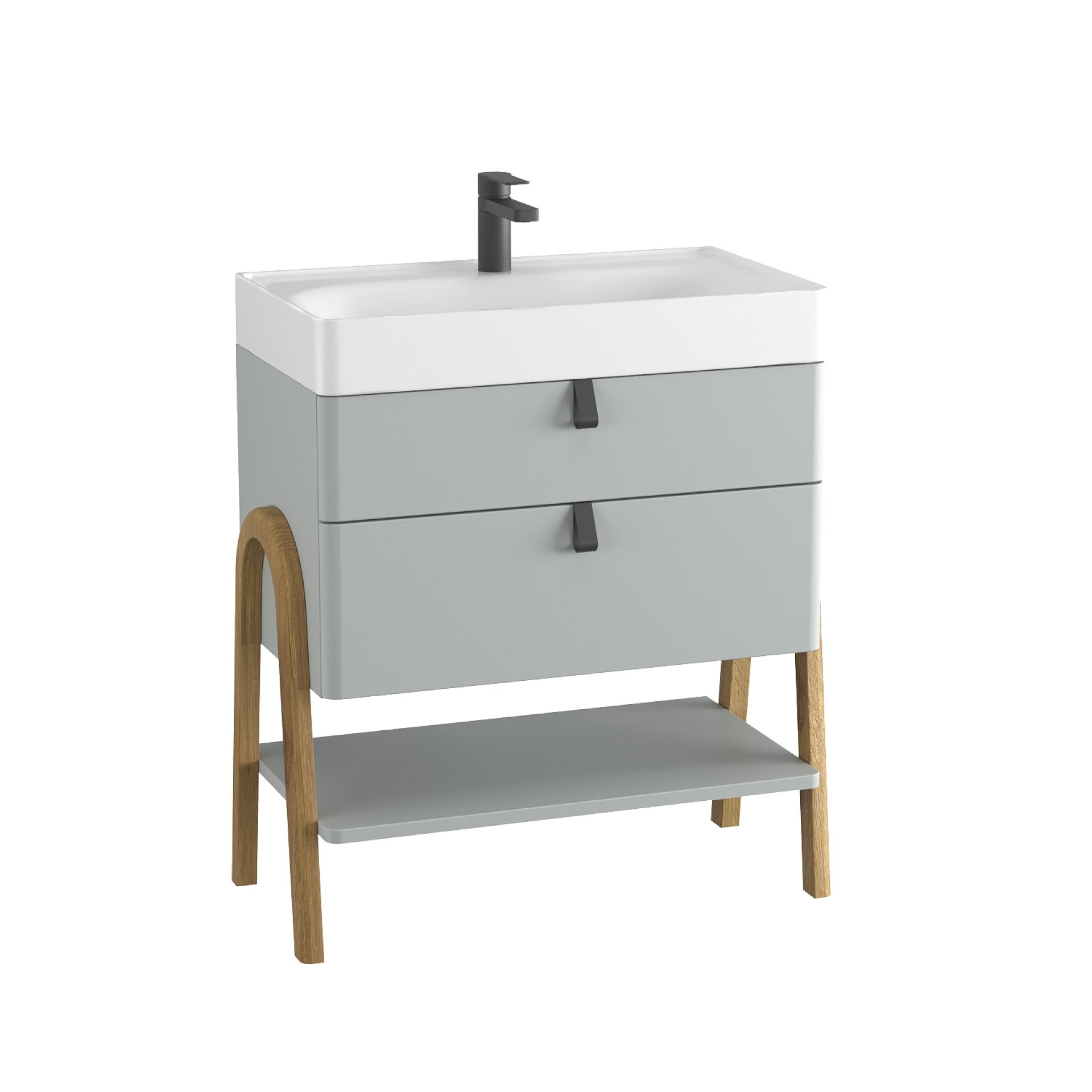 BADEDU PINA Waschbecken mit Unterschrank 70 cm breit, Grau, Waschbecken Gussmarmor Weiß, mit Füßen