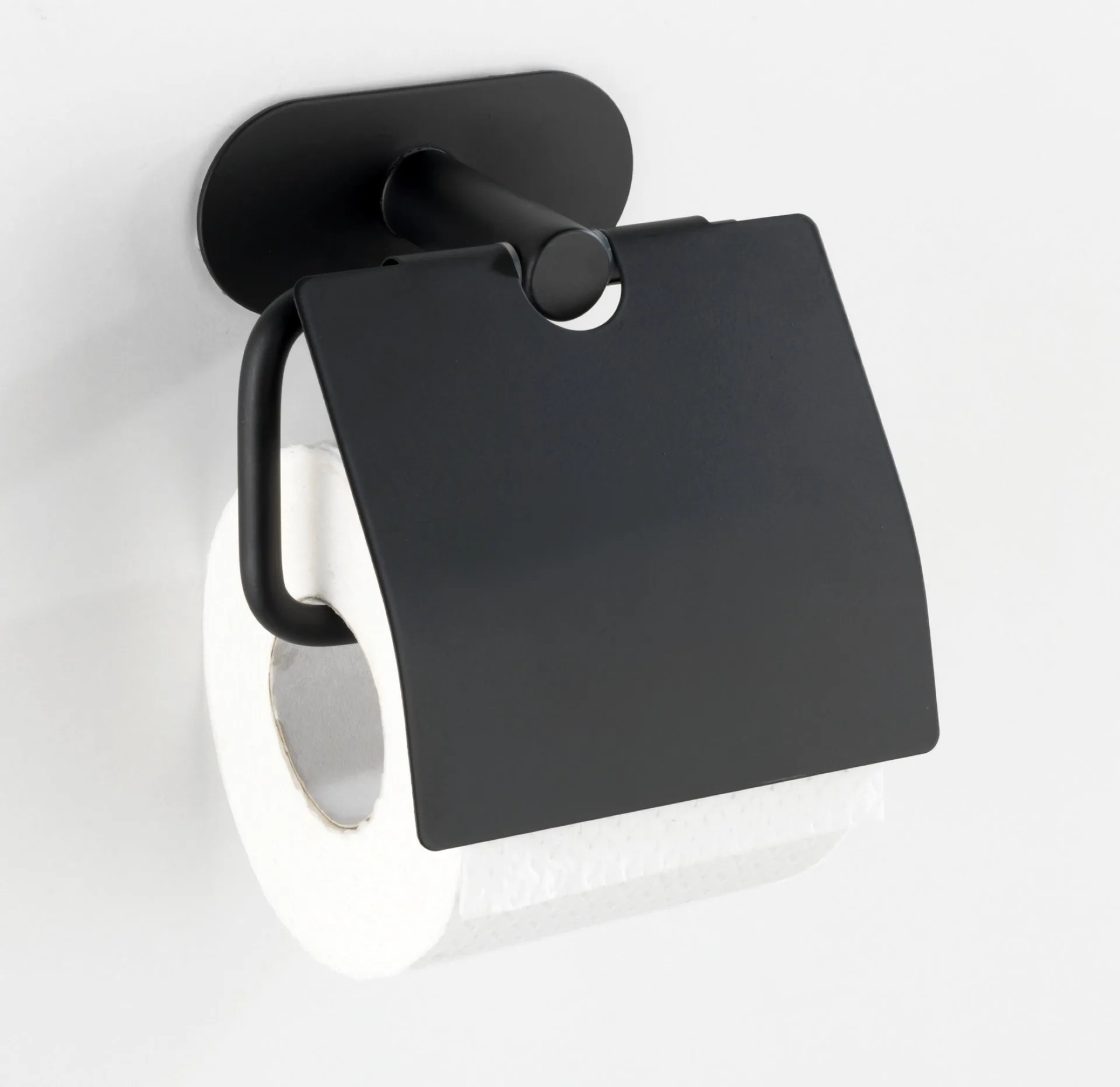 WENKO OREA Toilettenpapierhalter, Schwarz matt, mit Deckel, Befestigen ohne Bohren