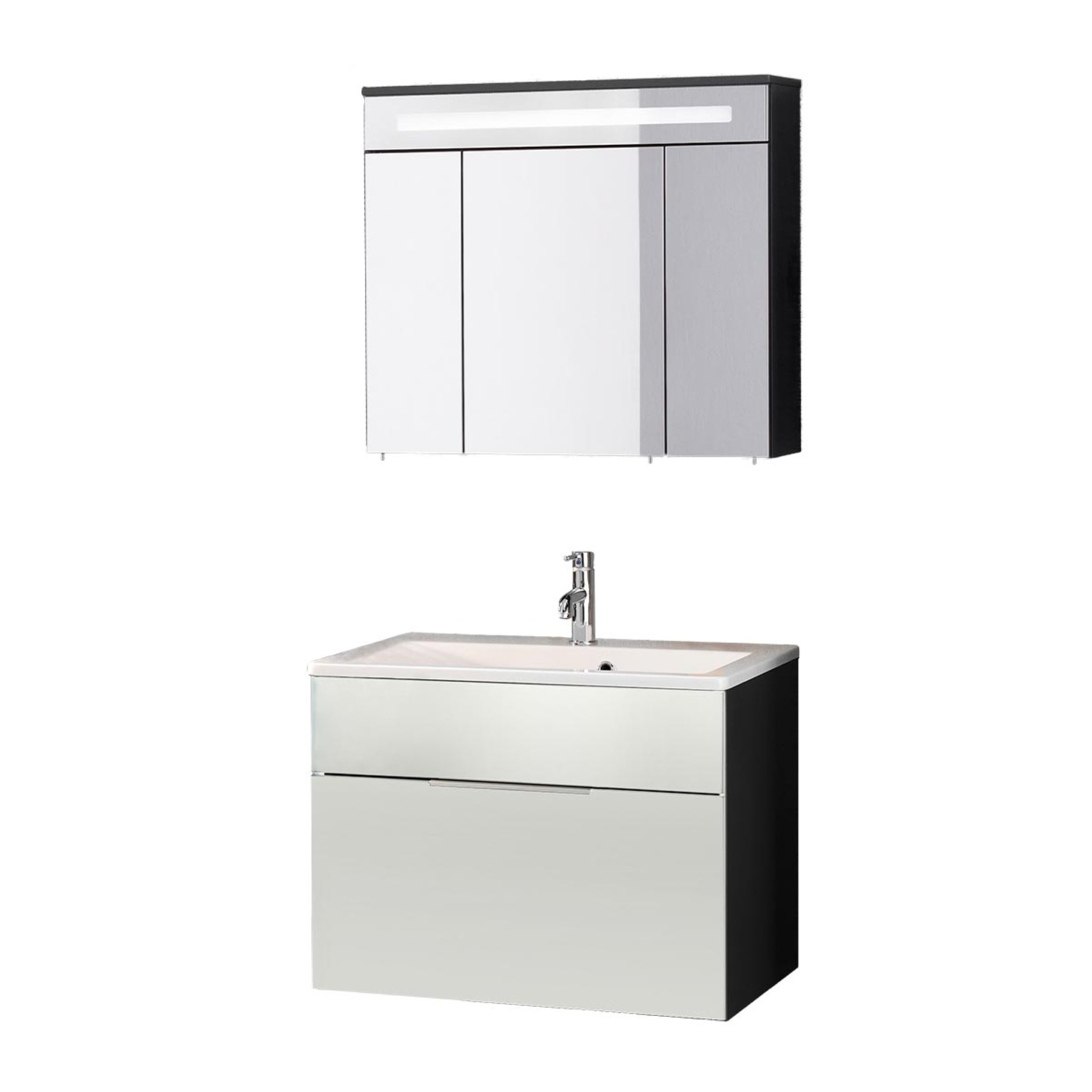 FACKELMANN KARA Waschtisch Set mit Spiegelschrank 80 cm breit, Weiß/Anthrazit, Waschbecken Gussmarmor Weiß, 1 Schublade