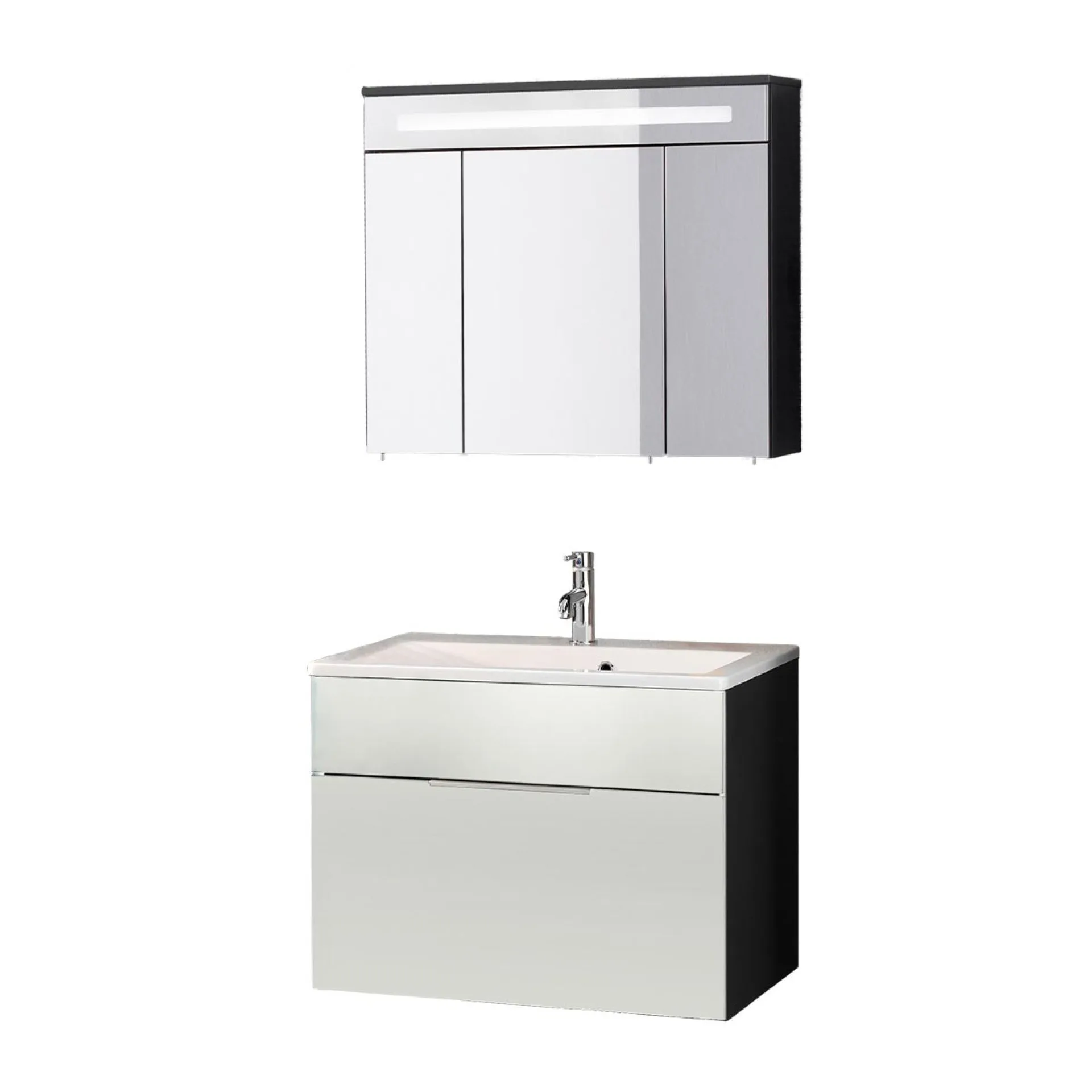FACKELMANN KARA Waschtisch Set mit Spiegelschrank 80 cm breit, Weiß/Anthrazit, Waschbecken Gussmarmor Weiß, 1 Schublade