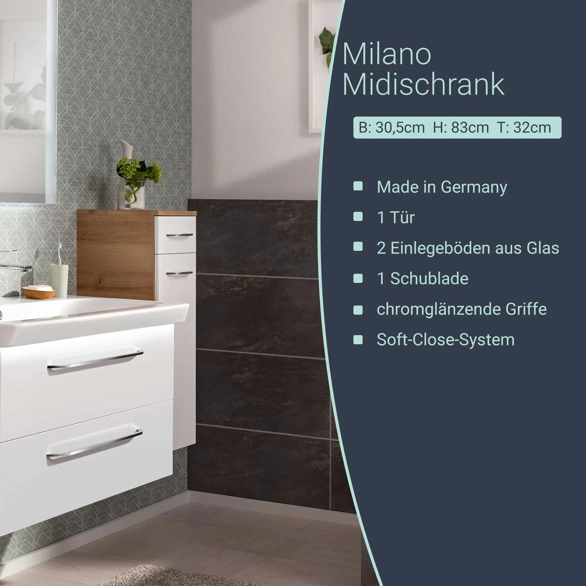 FACKELMANN MILANO Midischrank 30 cm breit, Weiß/Braun hell