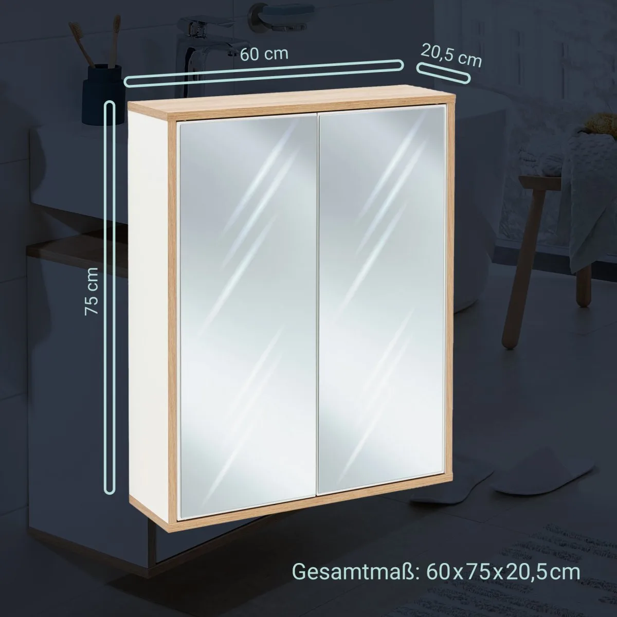 FACKELMANN FINN Spiegelschrank 60 cm breit, Weiß/Braun hell