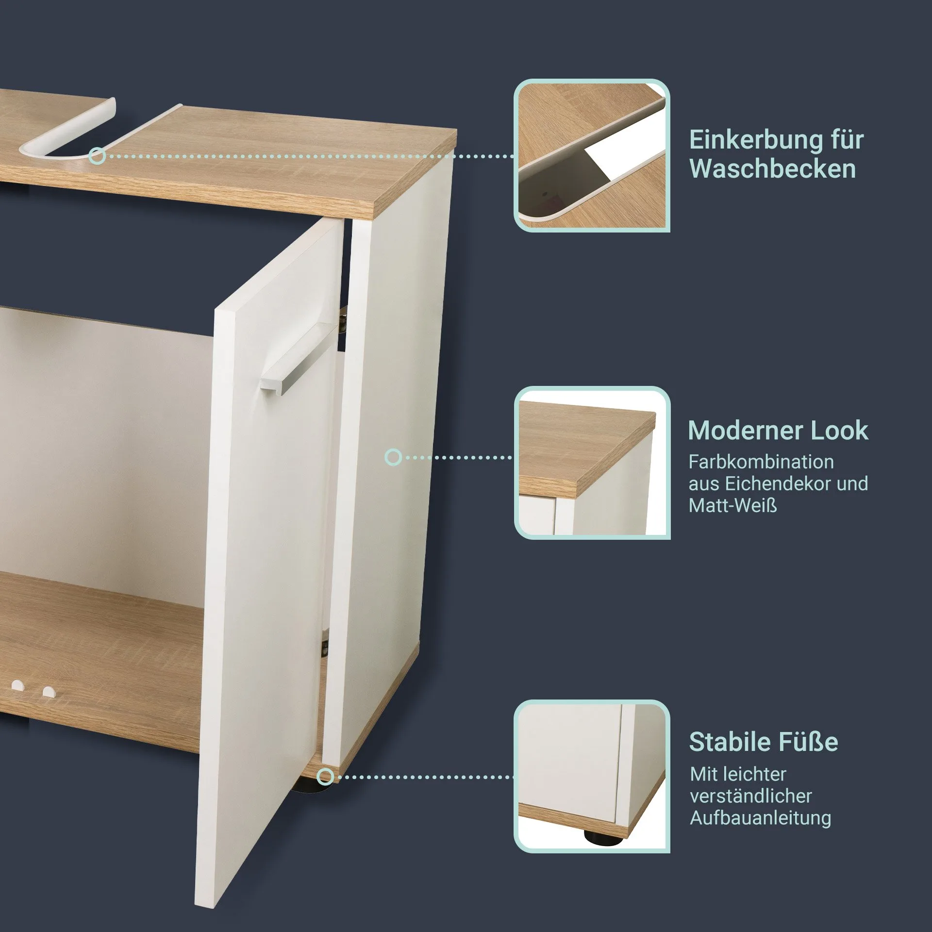 BADEDU ARC Waschbeckenunterschrank 60 cm breit, Weiß/Braun hell