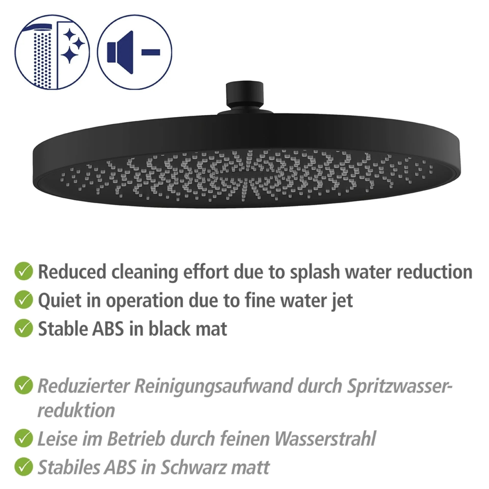 WENKO SOFTWATER Duschkopf Regendusche Ø 26 cm, Schwarz matt, 3 verschiedene Wasserstrahlarten