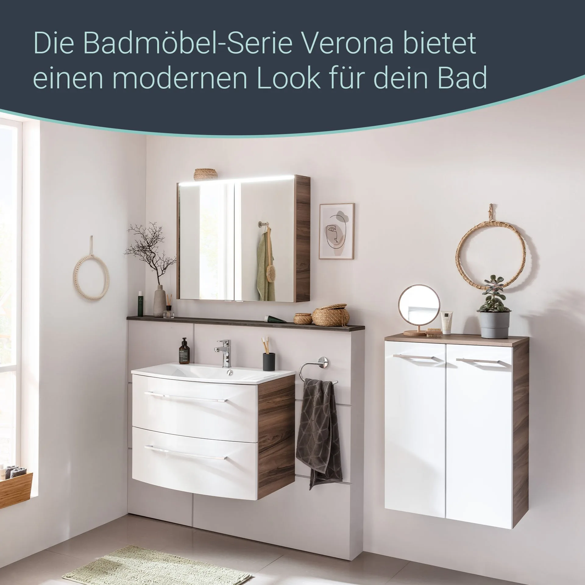FACKELMANN VERONA Waschbeckenunterschrank 79,4 cm breit, Weiß/Braun Dunkel