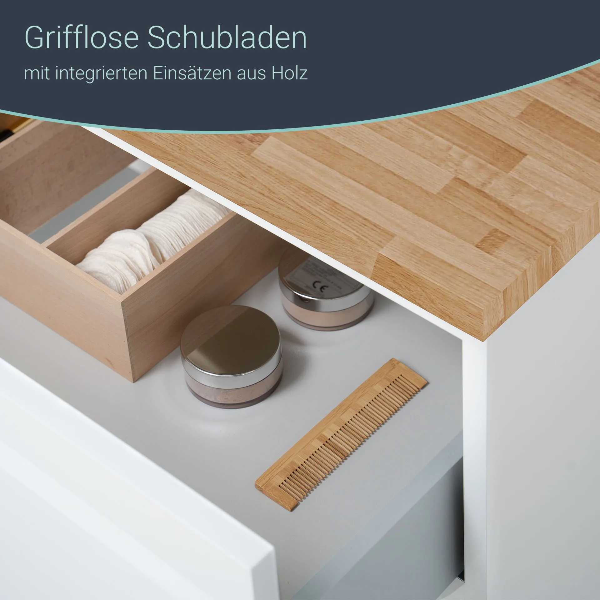 BADEDU GERS Waschbecken mit Unterschrank 60 cm breit, Weiß, Aufsatzwaschbecken Keramik Weiß, Waschtischplatte Braun hell