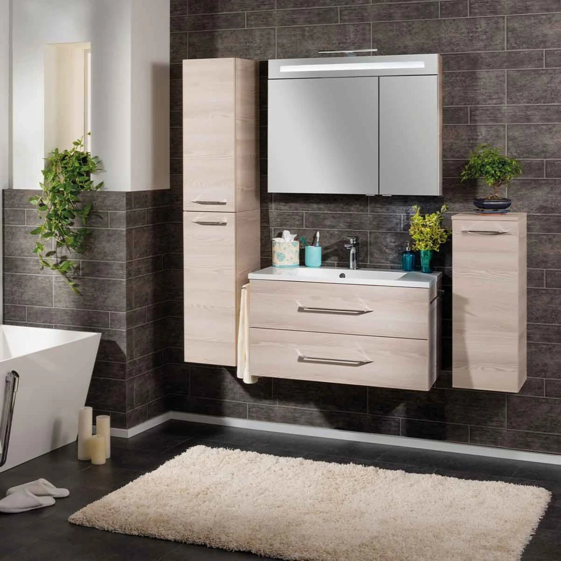FACKELMANN B.CLEVER Waschbecken mit Unterschrank 90 cm breit, Braun hell, Waschbecken Gussmarmor Weiß