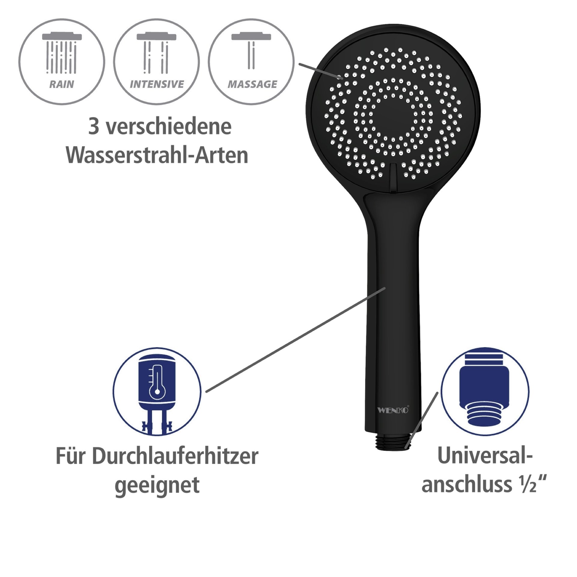 WENKO Duschkopf Ø 9,5 cm, Schwarz, mit Wassersparsystem, 3 verschiedene Wasserstrahlarten