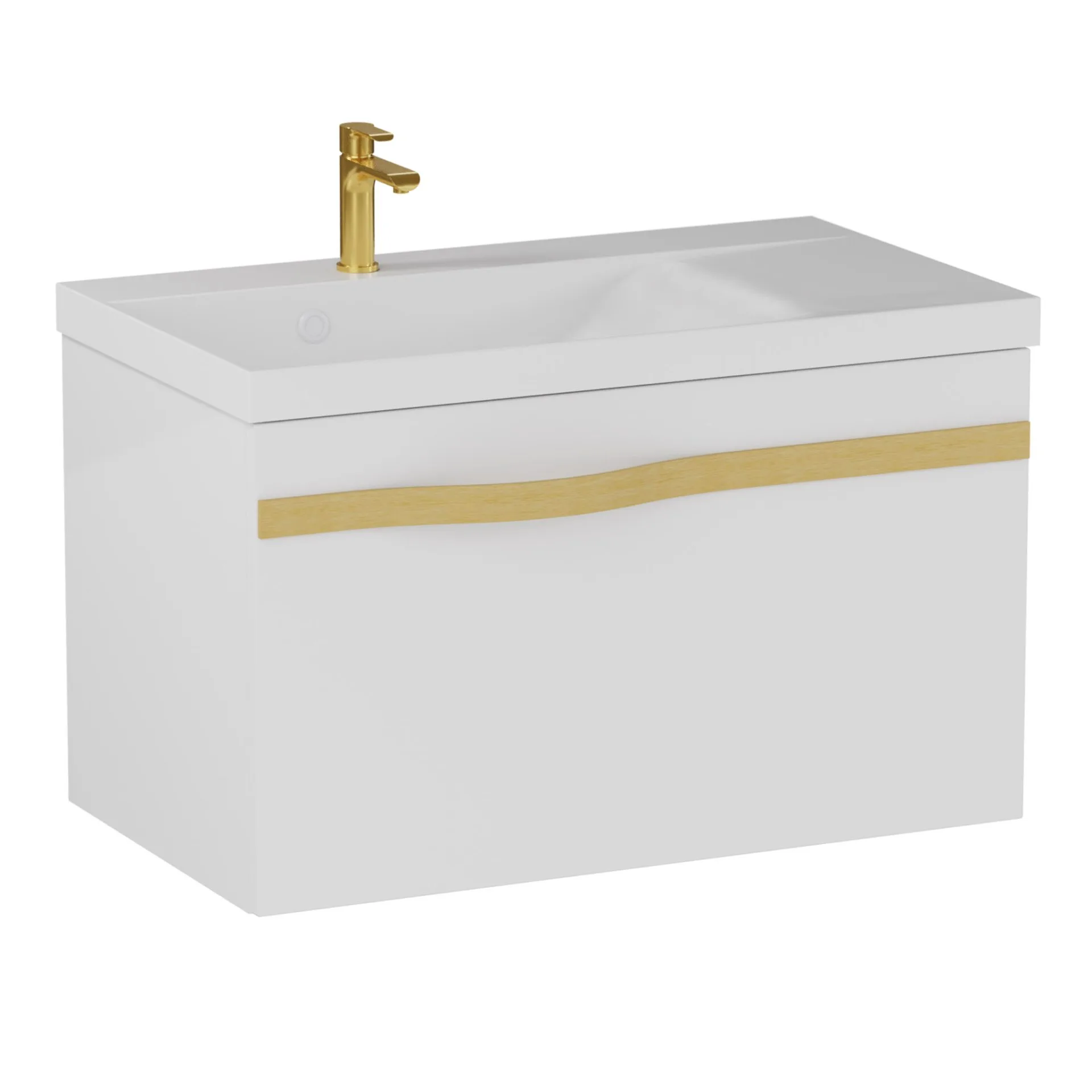 BADEDU FILS Waschbecken mit Unterschrank 69 cm breit, Weiß, Waschbecken Gussmarmor Weiß, Griff Gold