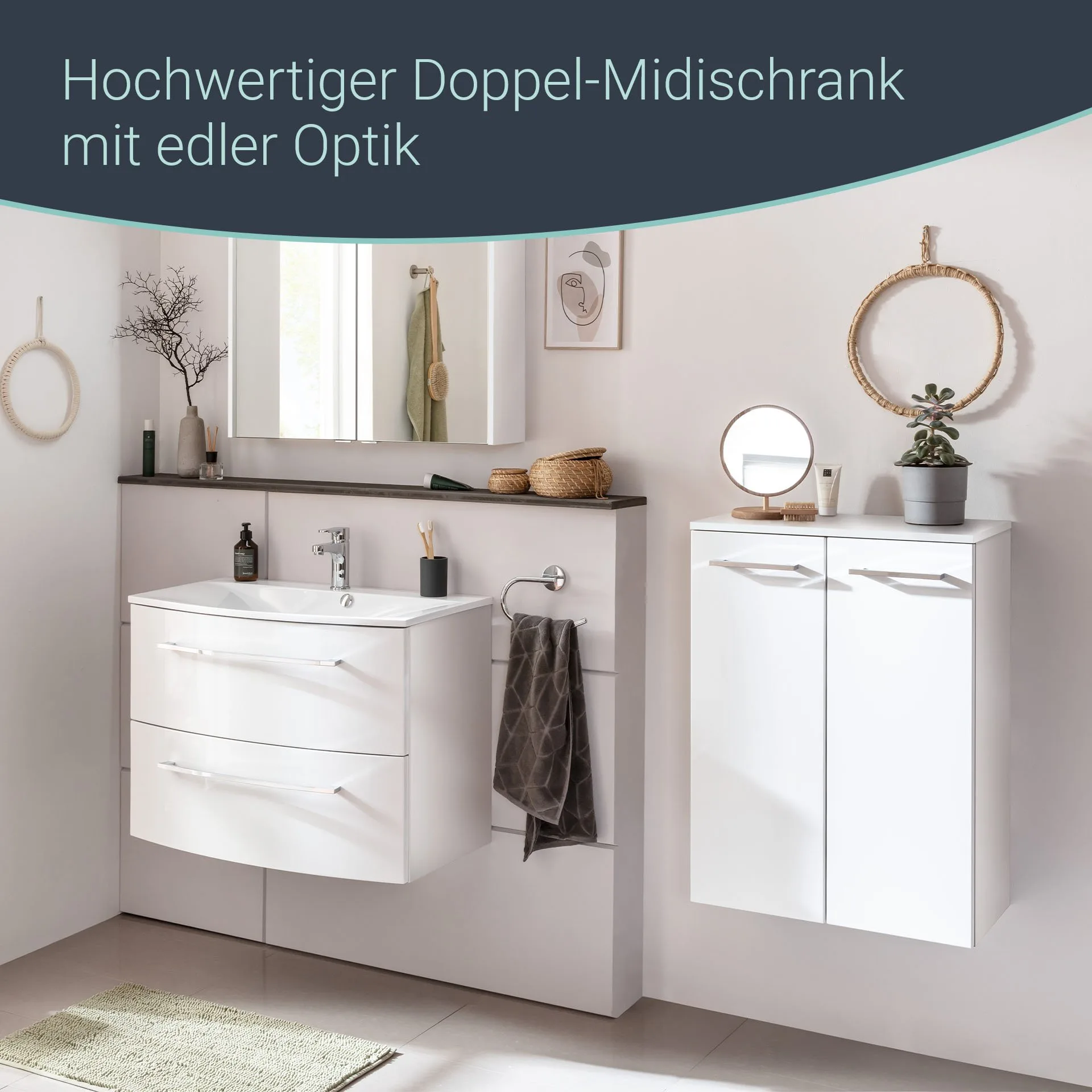 FACKELMANN VERONA Doppel Midischrank 60 cm breit, Weiß Hochglanz, mit Schublade