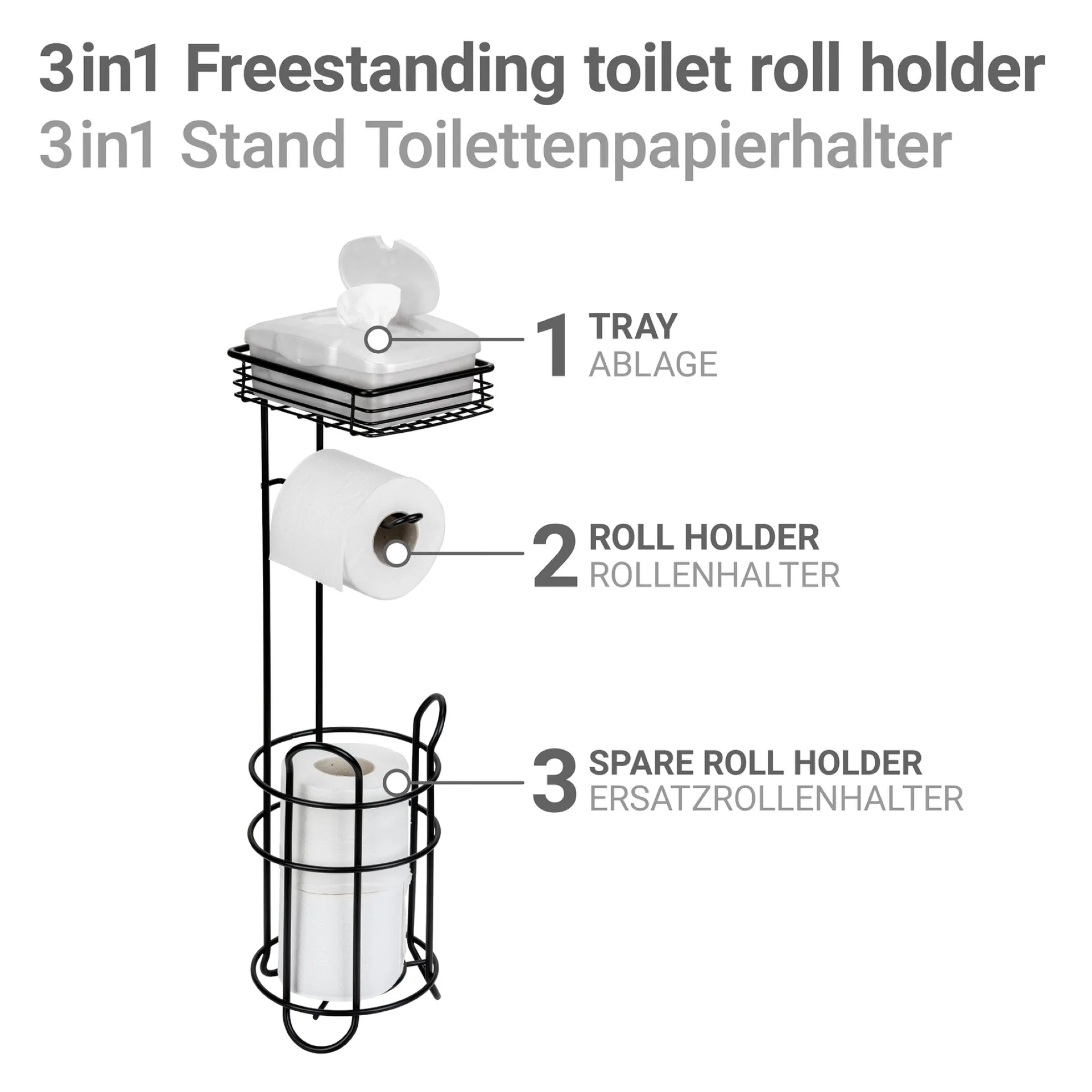 WENKO Toilettenpapierhalter, Schwarz, mit Bevorrater und Ablage