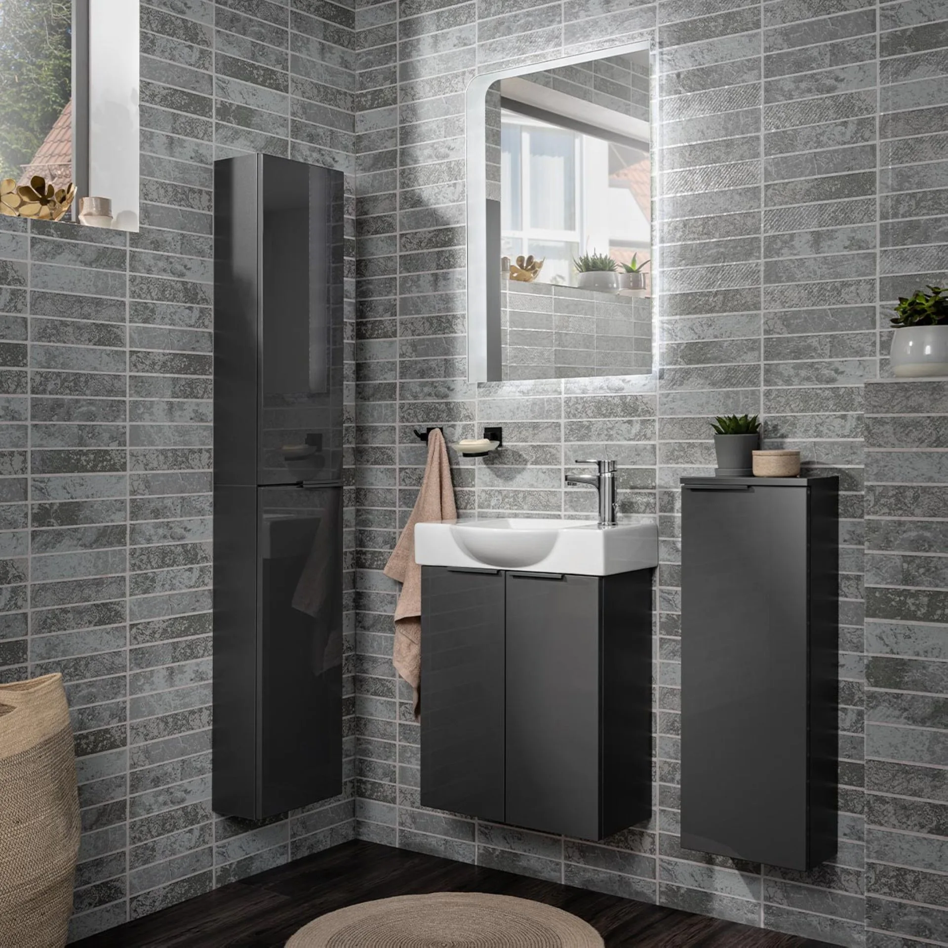 FACKELMANN SBC LUNA Gäste WC Waschtisch Set 55 cm breit, Anthrazit, Waschbecken Keramik Weiß, Hahnloch rechts