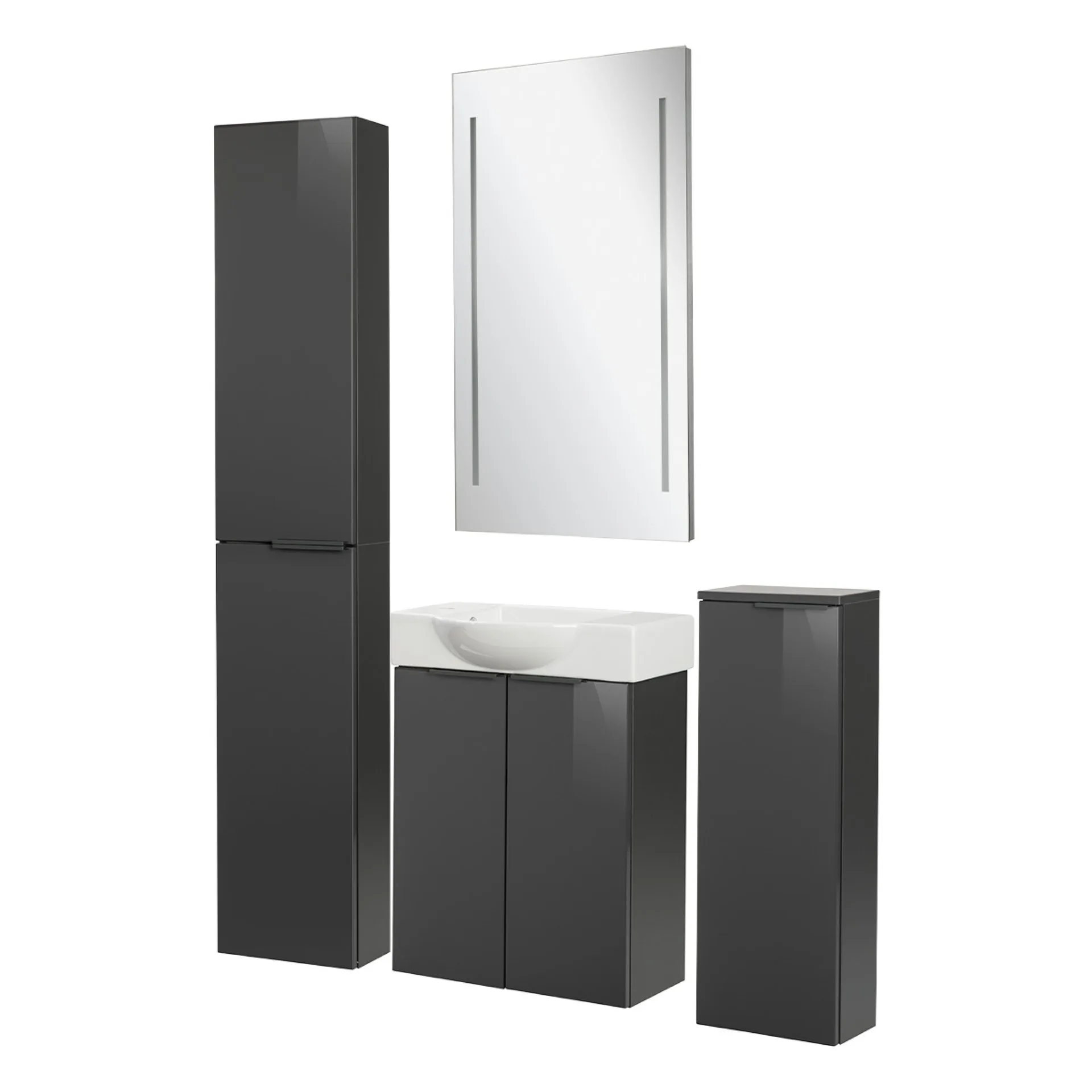 FACKELMANN SBC LUNA Gäste WC Set 5-teilig 55 cm breit, Anthrazit, Waschbecken Keramik Weiß Hahnloch links + LED Spiegel + Hochschrank slim + Midischrank slim