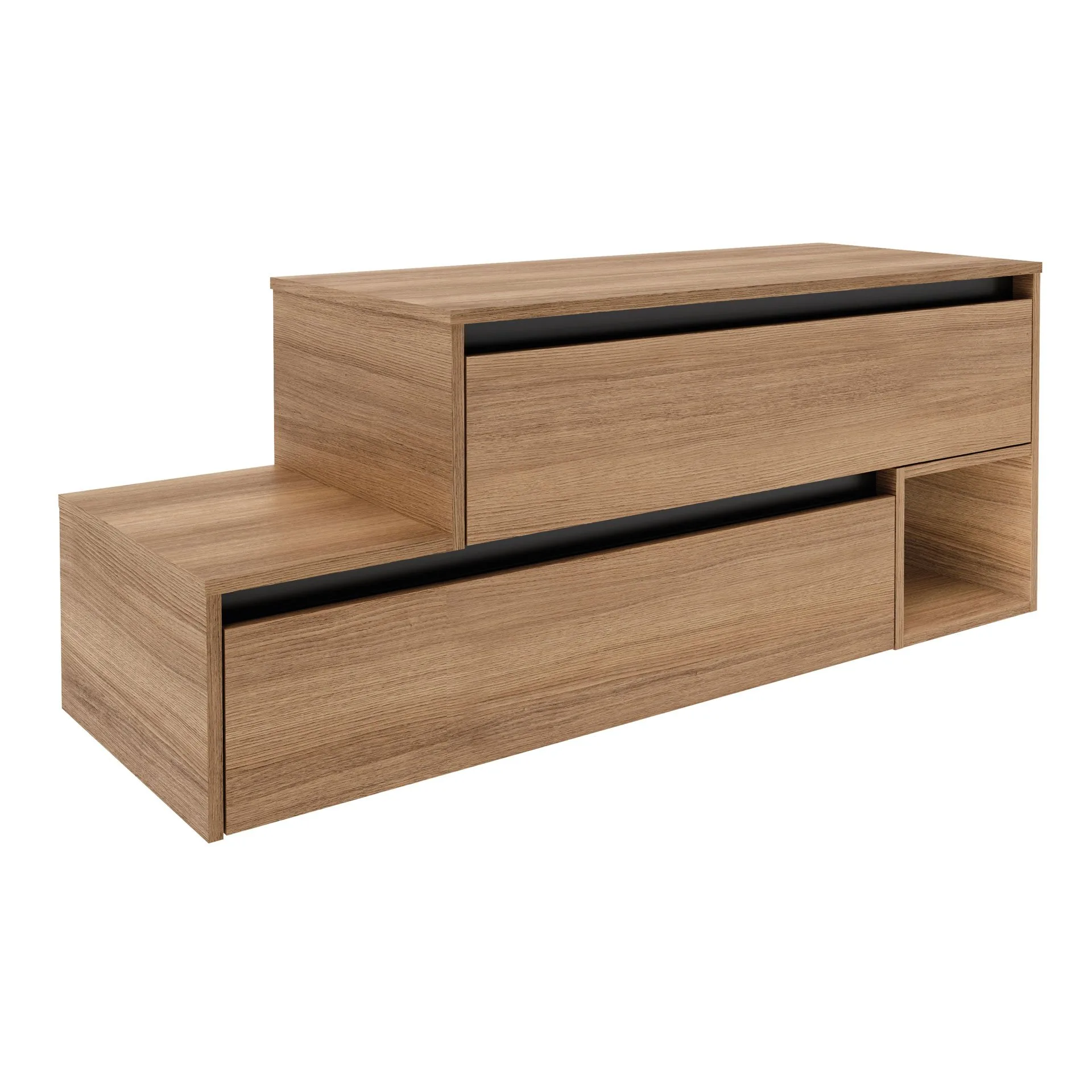 FACKELMANN VITA Waschbeckenunterschrank 129 cm breit, Braun hell, mit schwarzen Blenden, 1 Fach, Ablage links, asymmetrisch