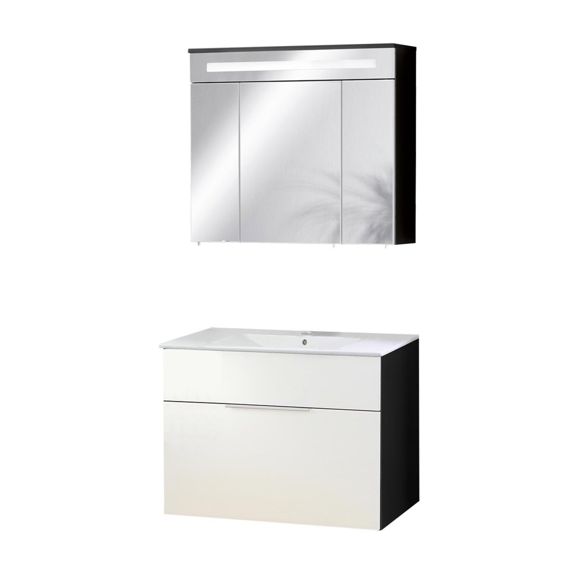 FACKELMANN KARA Waschtisch Set mit Spiegelschrank 80 cm breit, Weiß/Anthrazit, Waschbecken Keramik Weiß, 1 Schublade