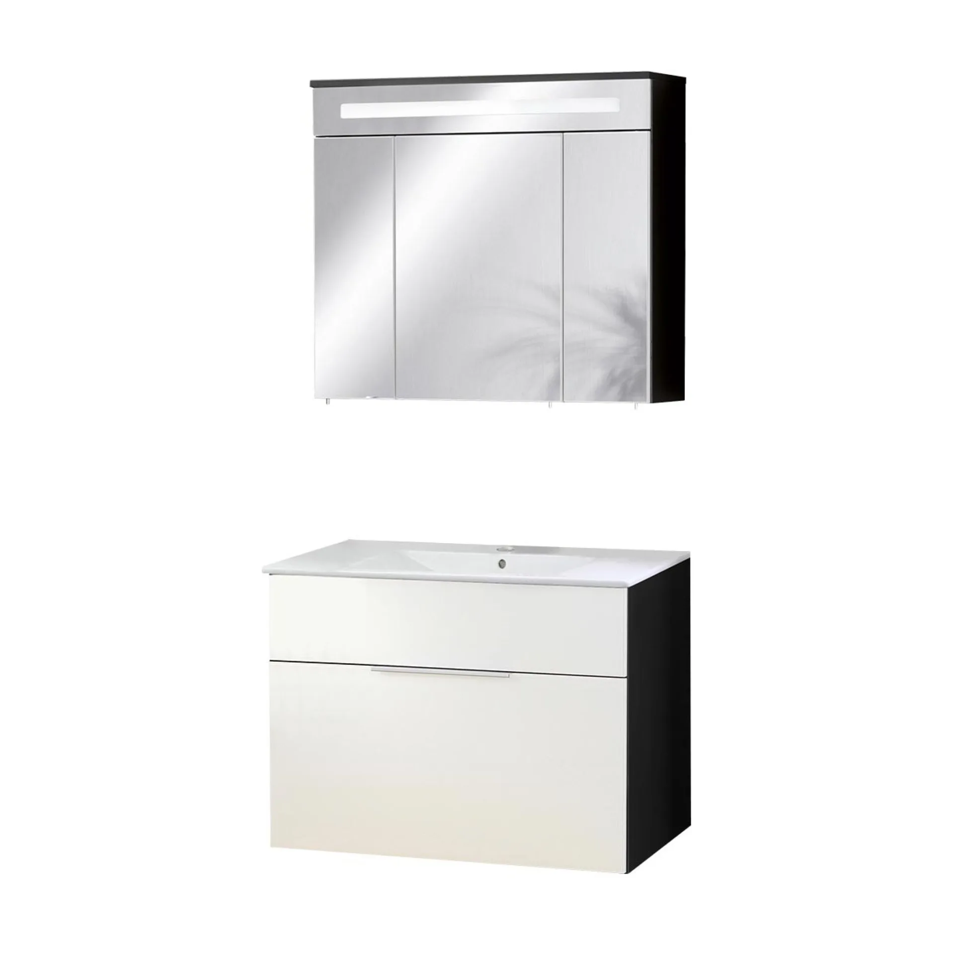 FACKELMANN KARA Waschtisch Set mit Spiegelschrank 80 cm breit, Weiß/Anthrazit, Waschbecken Keramik Weiß, 1 Schublade
