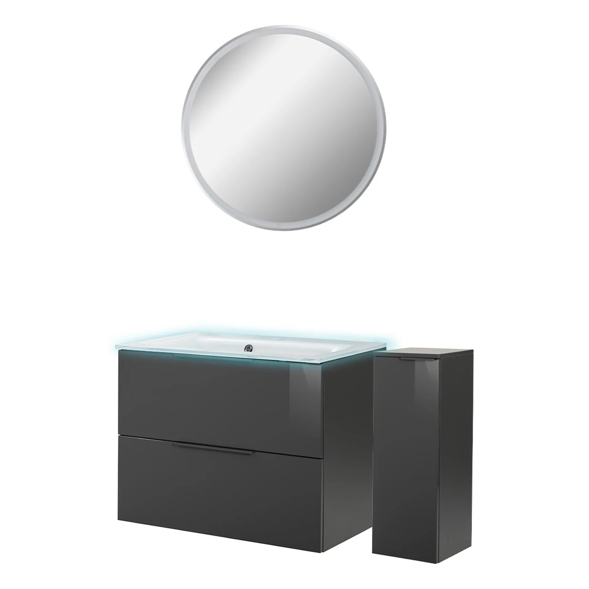 FACKELMANN LUNA Badmöbel Set 5-teilig 80 cm breit, Anthrazit, Waschbecken Glas Weiß + LED Spiegel + Midischrank + Waschbeckenbeleuchtung
