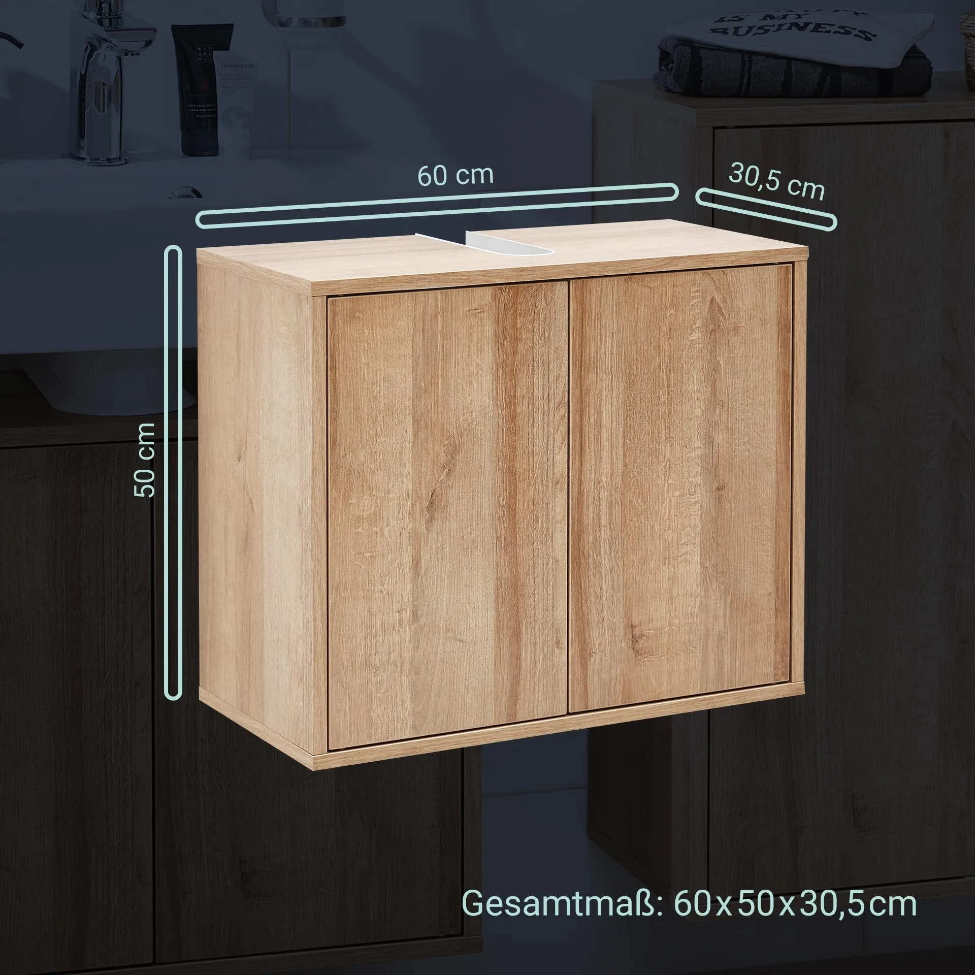 FACKELMANN FINN Waschbecken mit Unterschrank 60 cm breit, Braun hell, Waschbecken Keramik Weiß