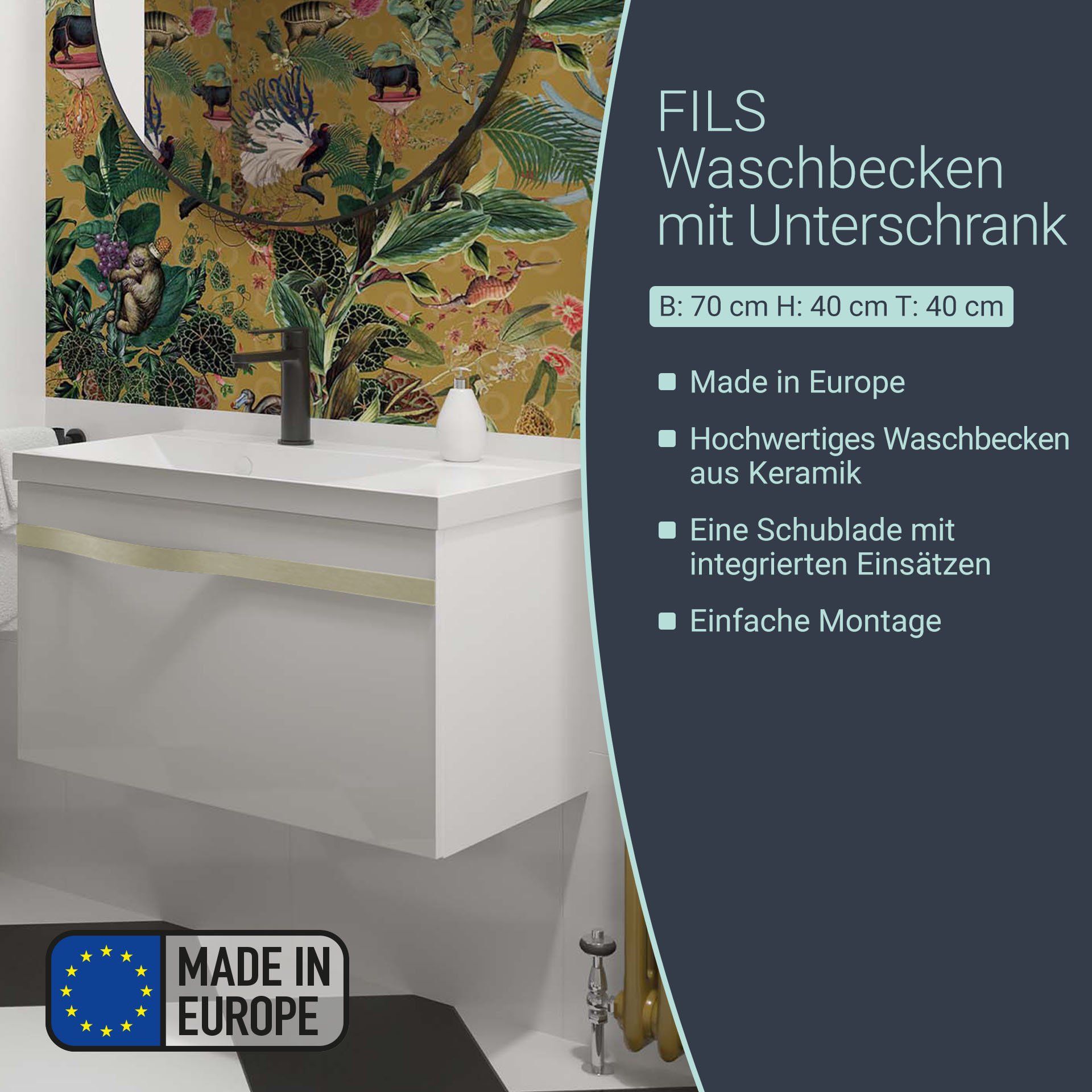 BADEDU FILS Waschbecken mit Unterschrank 69 cm breit, Weiß, Waschbecken Gussmarmor Weiß, Griff Silber