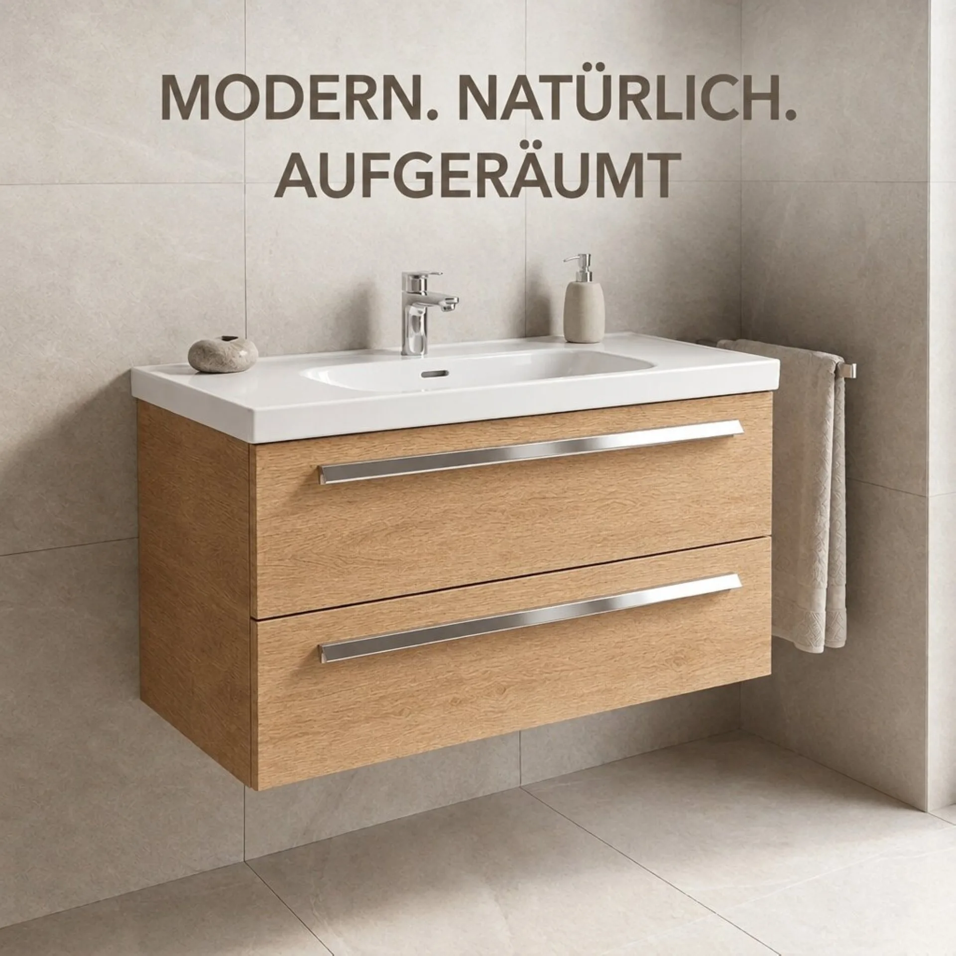 BADEDU TESSANO Waschbecken mit Unterschrank 90 cm breit, Braun hell, Waschbecken Keramik Weiß