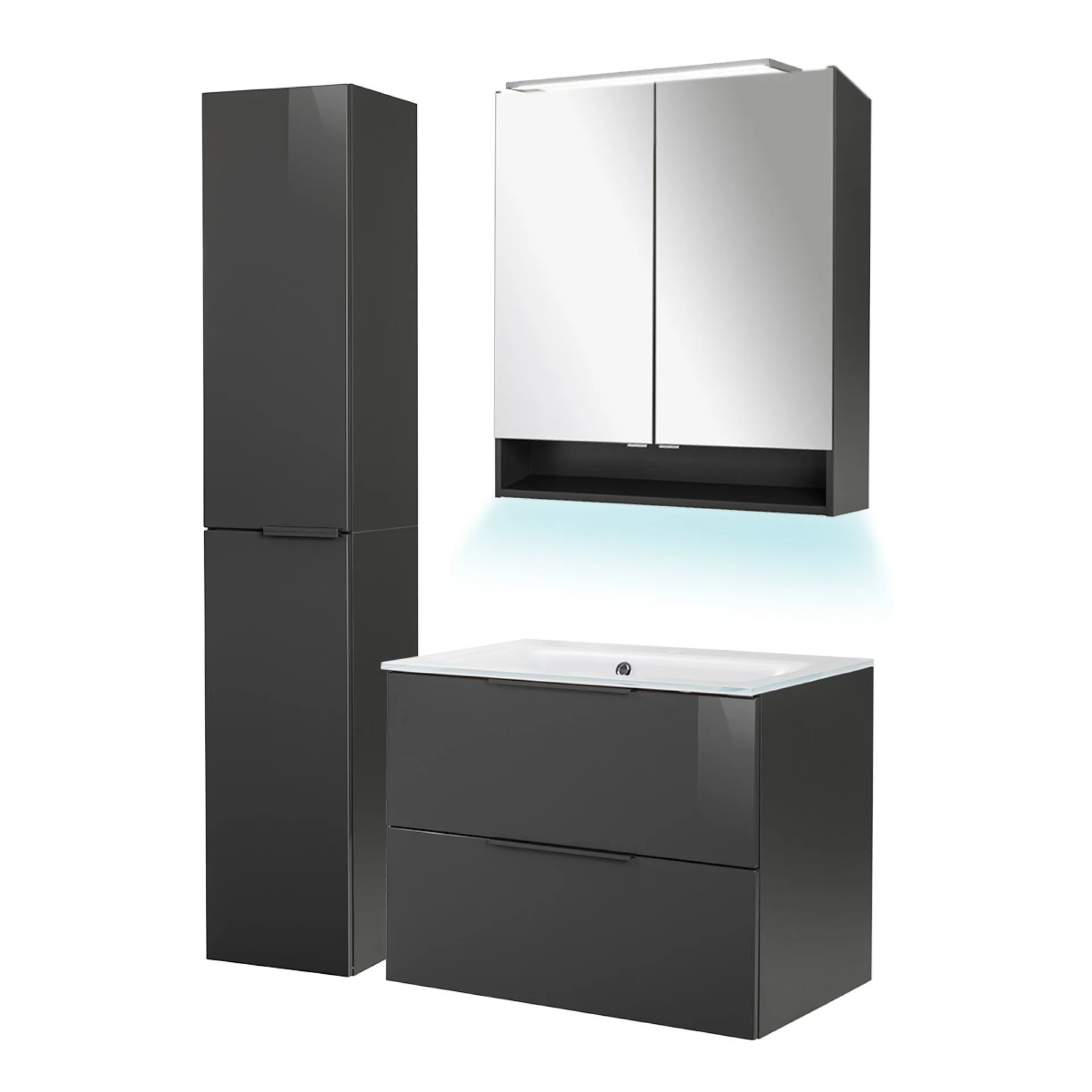FACKELMANN LUNA Badmöbel Set 5-teilig 80 cm breit, Anthrazit, Waschbecken Glas Weiß + Hochschrank + Ambientebeleuchtung