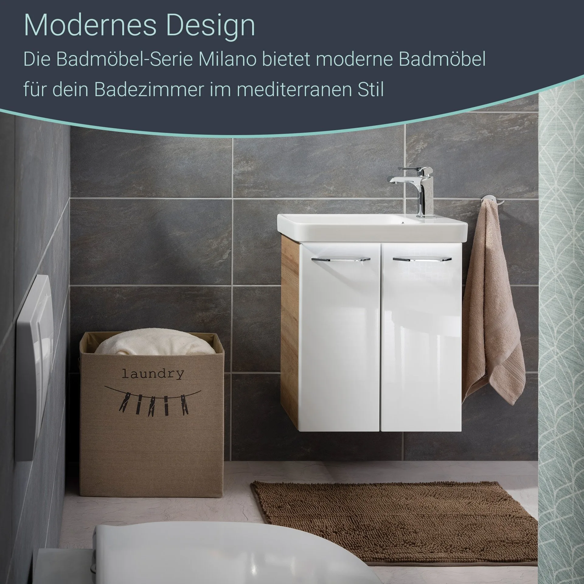 FACKELMANN MILANO Waschbeckenunterschrank Gäste WC 52 cm breit, Weiß/Braun hell