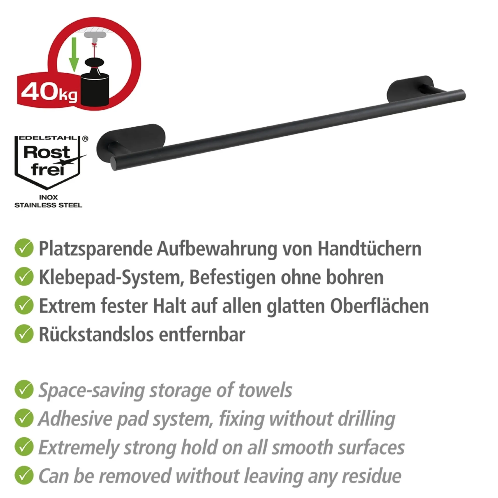 WENKO OREA Handtuchhalter 60 cm, Schwarz matt, Edelstahl, Befestigen ohne Bohren