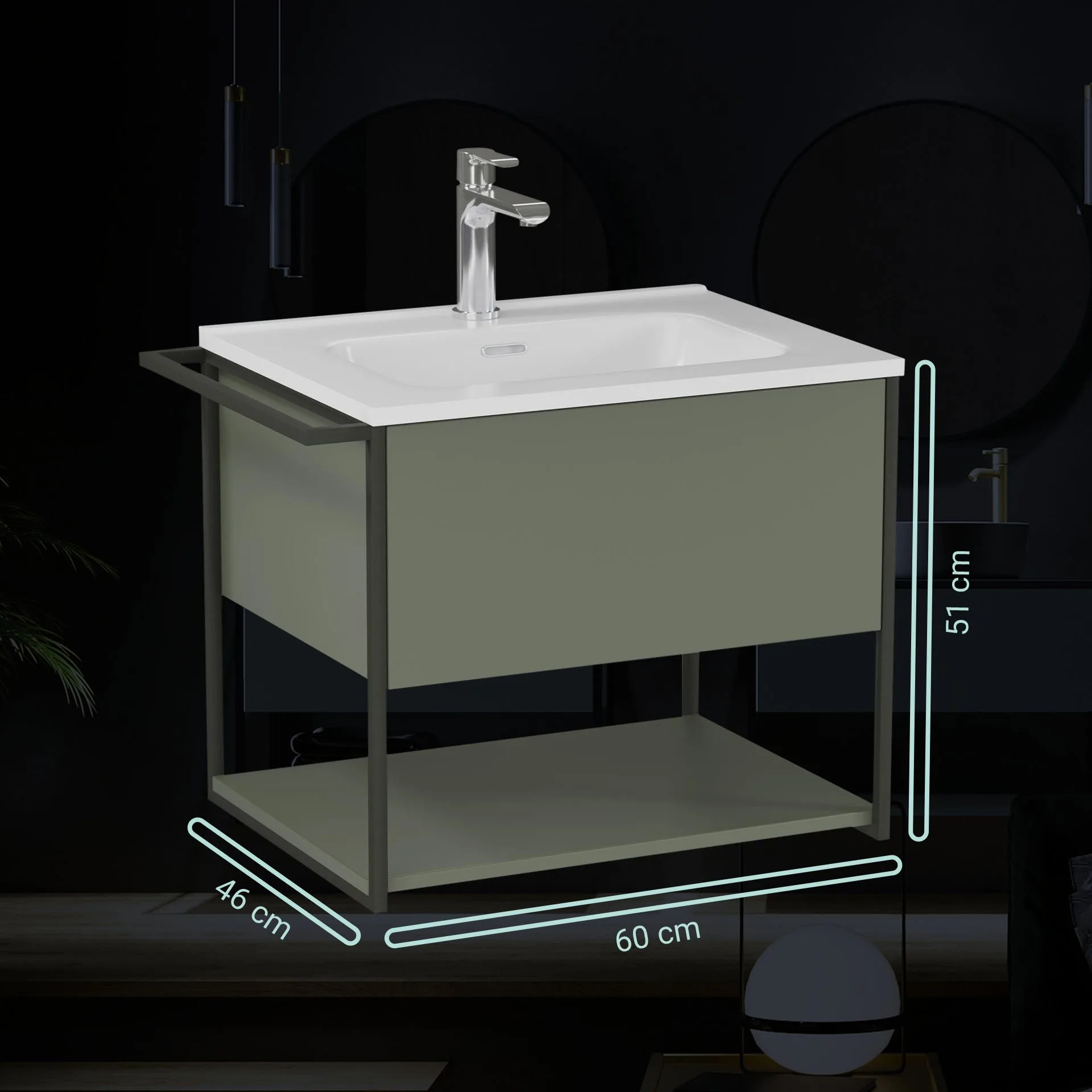 BADEDU DUNA Waschtisch mit Unterschrank 60 cm breit, Grün, Waschbecken Keramik Weiß