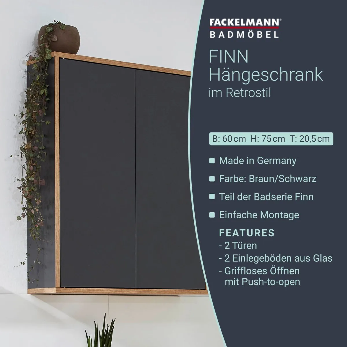 FACKELMANN FINN Doppel Hängeschrank 60 cm breit, Anthrazit/Braun hell
