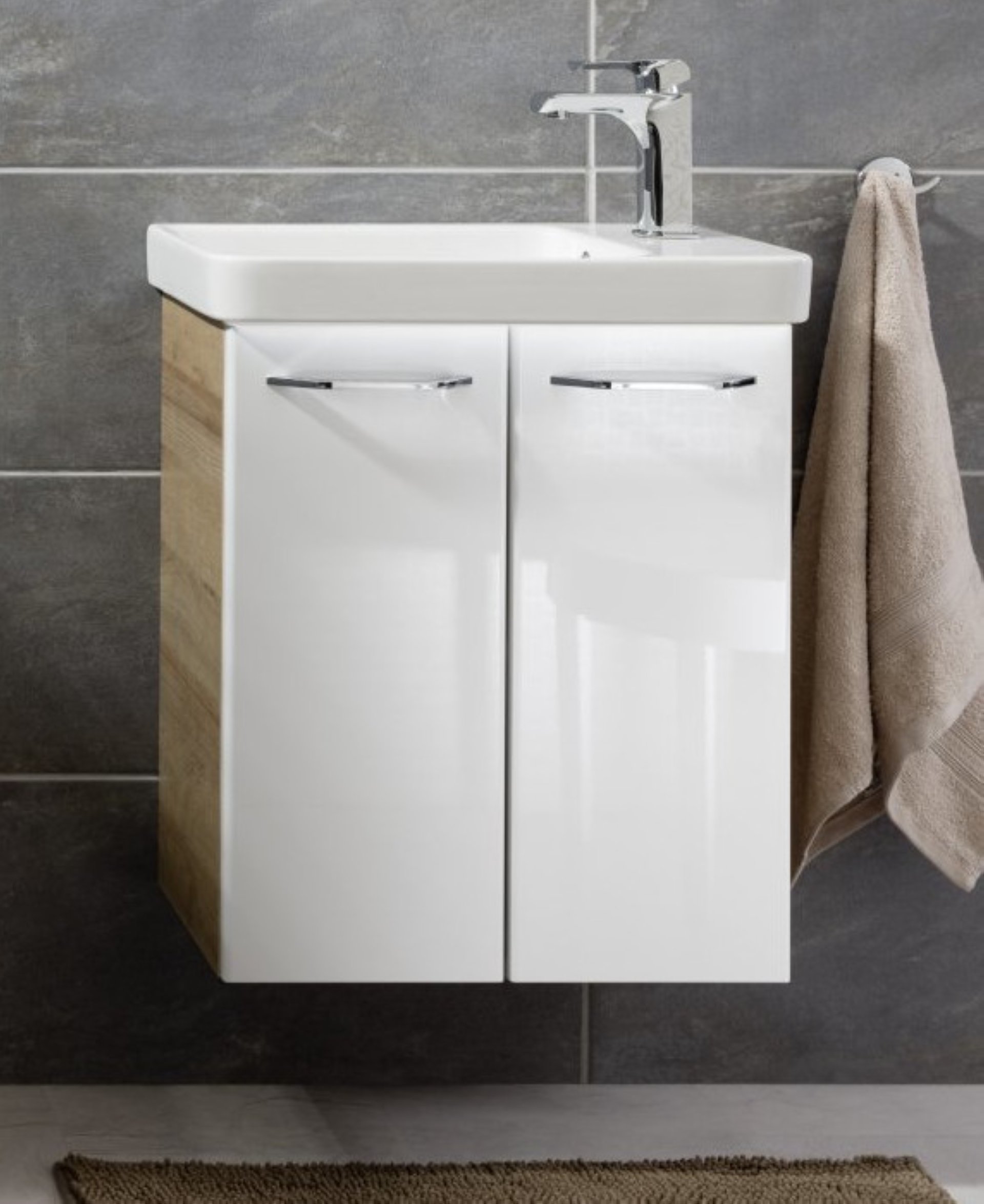 FACKELMANN MILANO Gäste WC Waschtisch Set 55 cm breit, Weiß/Braun hell, Waschbecken Keramik Weiß + Waschbeckenbeleuchtung