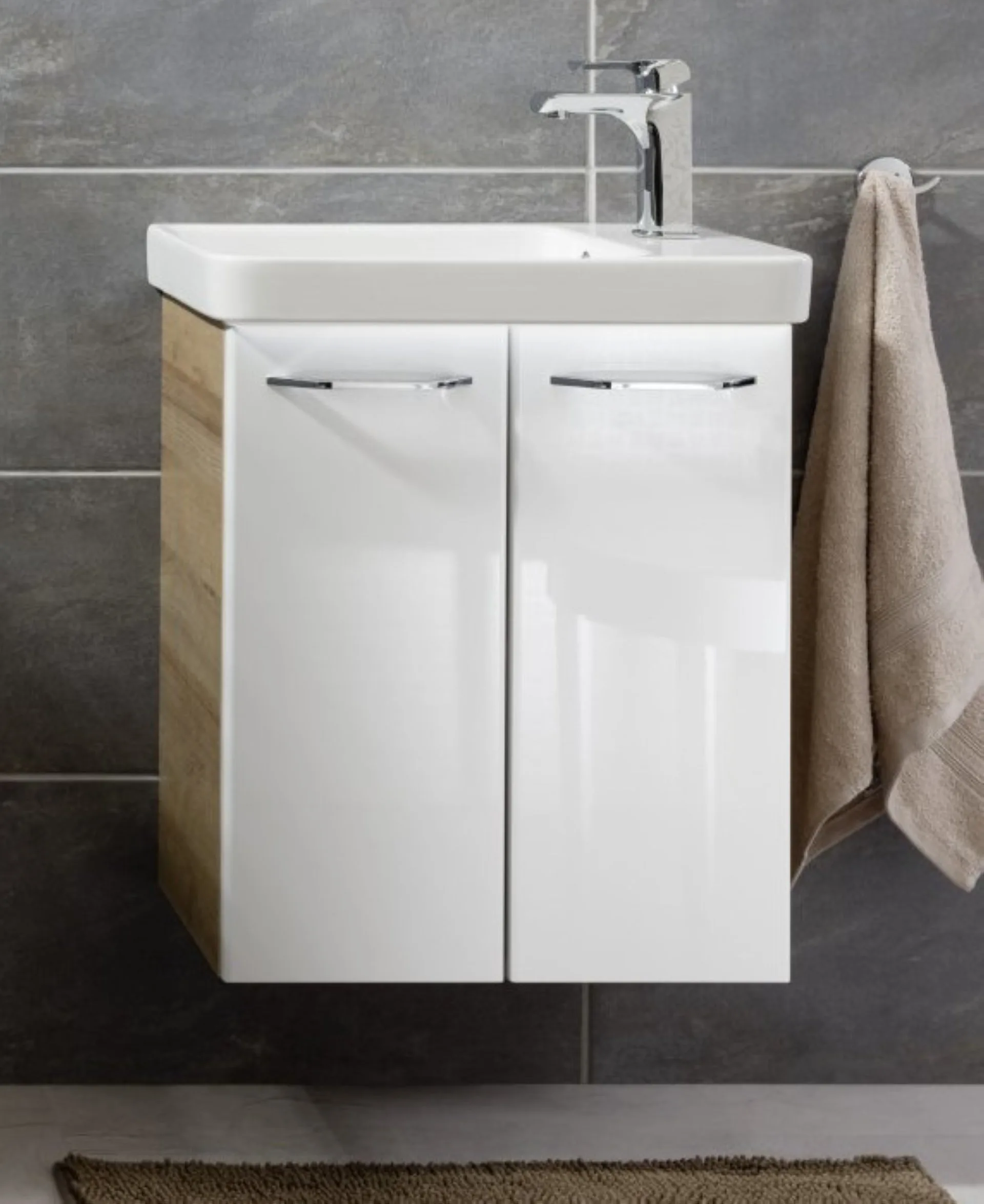 FACKELMANN MILANO Gäste WC Waschtisch Set 55 cm breit, Weiß/Braun hell, Waschbecken Keramik Weiß + Waschbeckenbeleuchtung