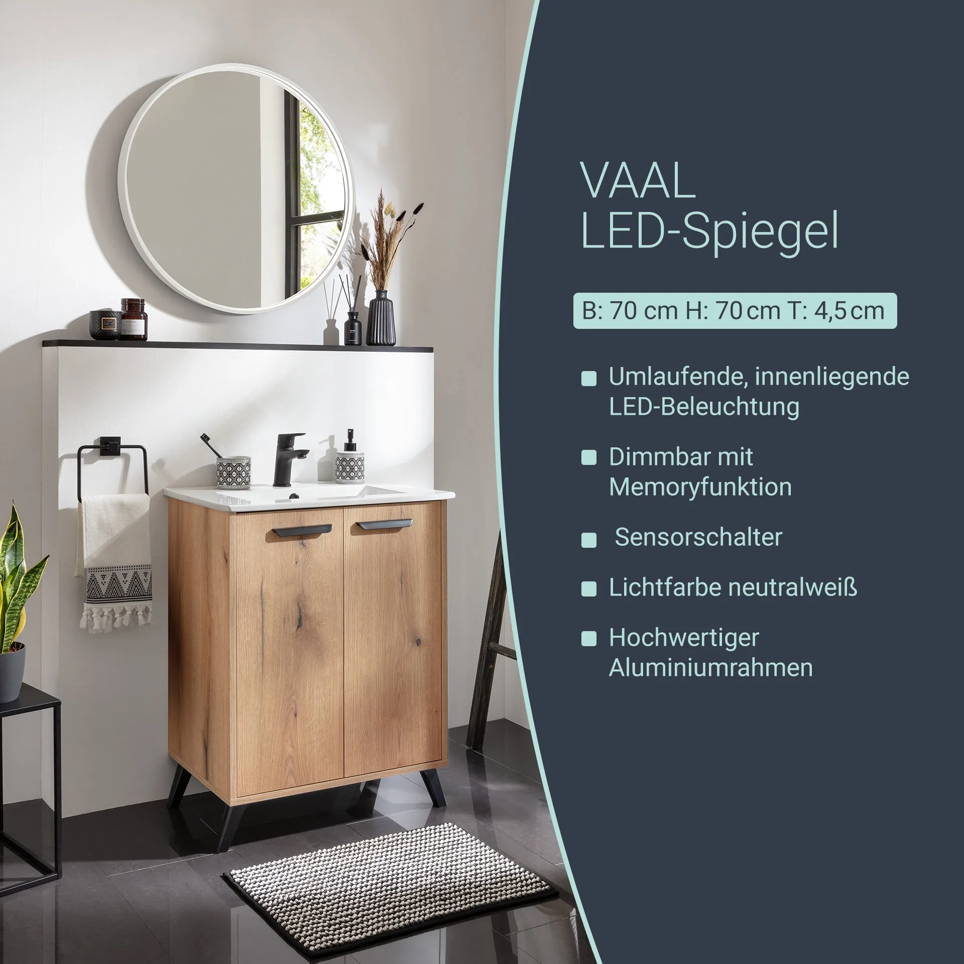 BADEDU VAAL LED Spiegel Ø 70 cm, rund, Weiß, Sensor