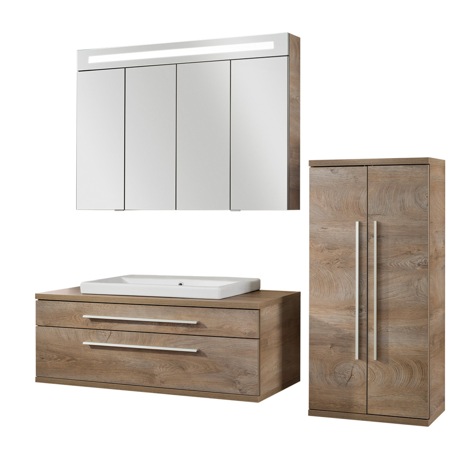 Fackelmann STANFORD Badmöbel Set 4-teilig, 110 cm breit, Braun, Keramik+Spiegelschrank+Midischrank