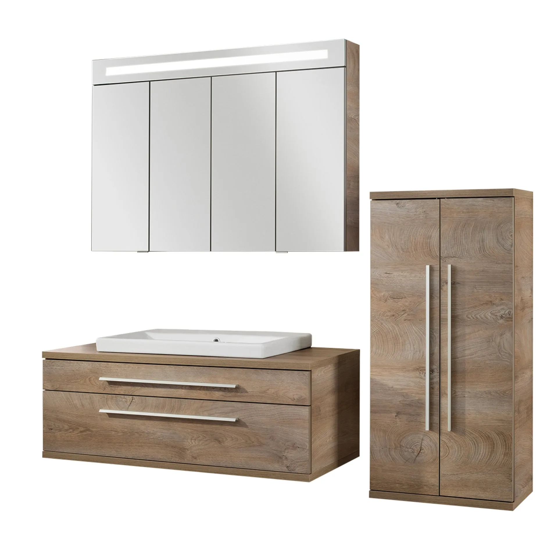 Fackelmann STANFORD Badmöbel Set 4-teilig, 110 cm breit, Braun, Keramik+Spiegelschrank+Midischrank