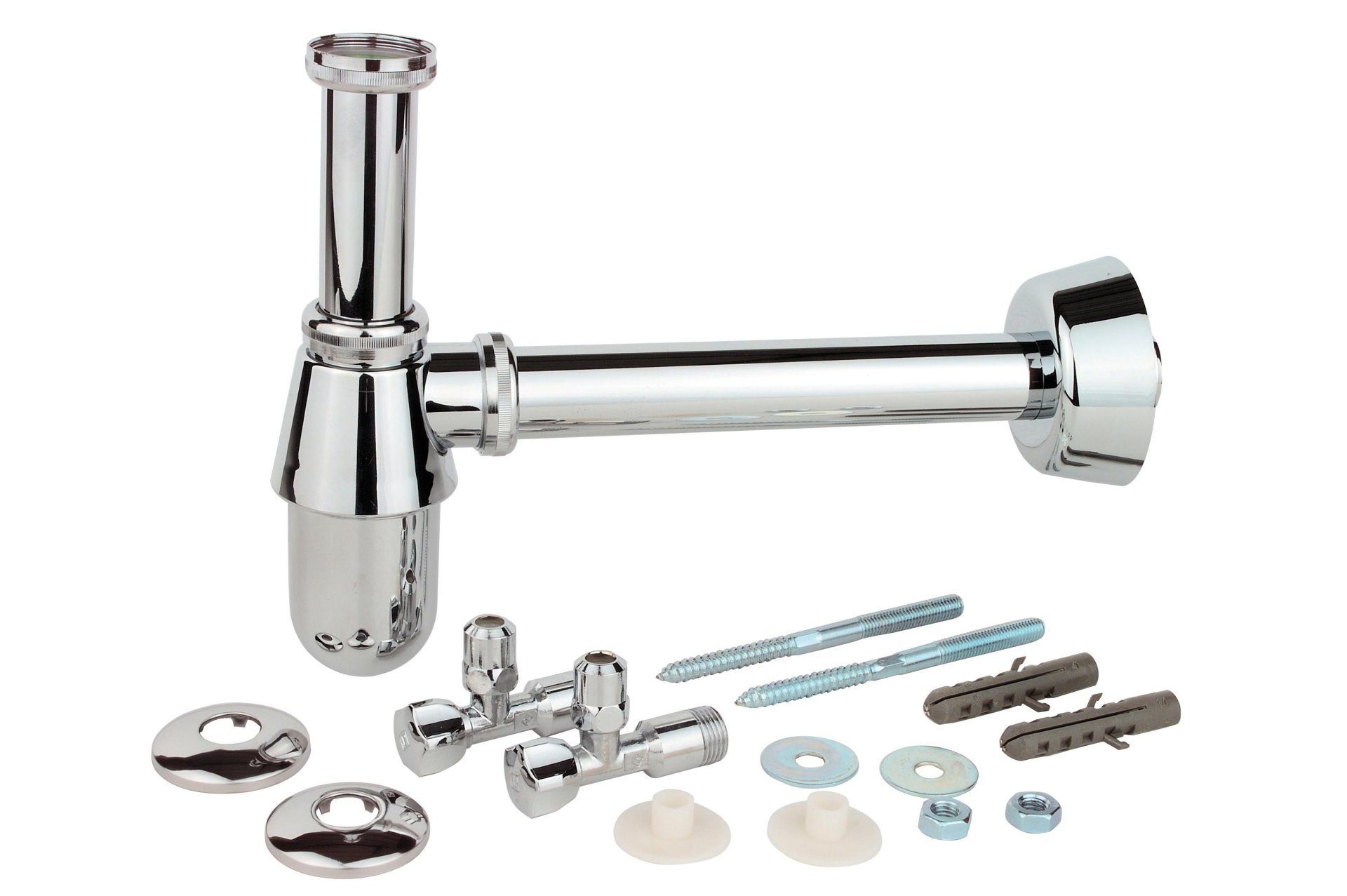 KIRCHHOFF Siphon, Chrom, 1 1/4 " x 32 mm, mit Befestigung und zwei Eckventilen