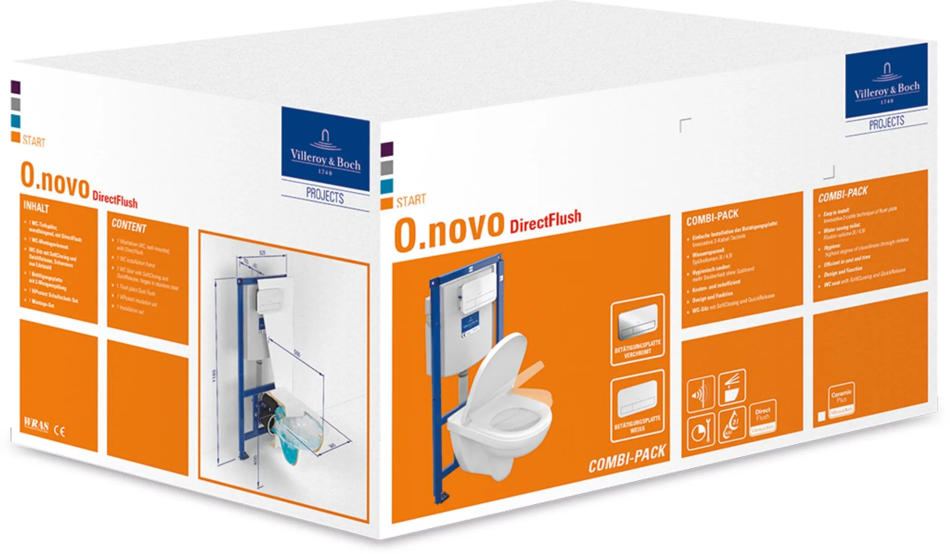 VILLEROY & BOCH O.NOVO Tiefspül-WC mit WC-Sitz, Weiß, Vorwandelement + Betätigungsplatte