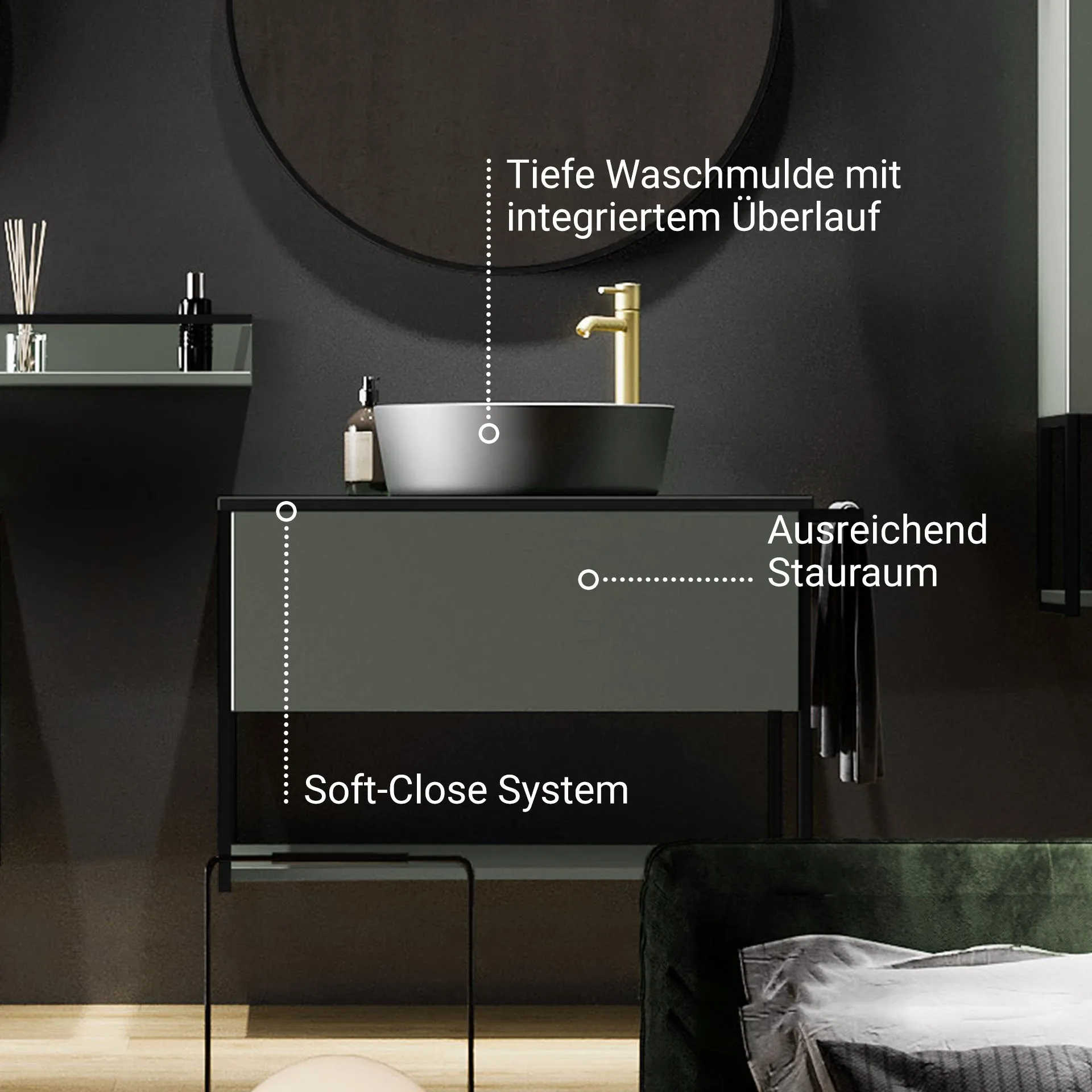 BADEDU DUNA Waschtisch mit Unterschrank 60 cm breit, Grün, Waschbecken Keramik Weiß