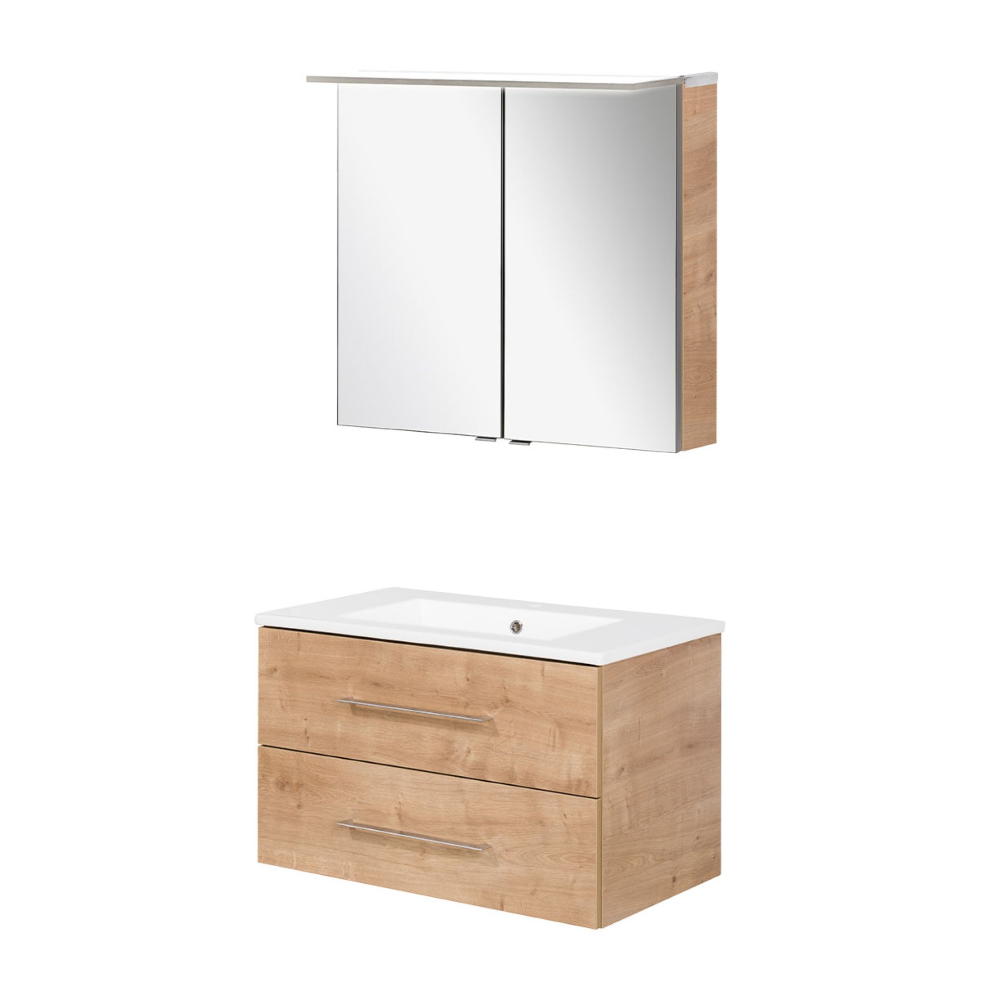 FACKELMANN B.PERFEKT Waschtisch Set mit Spiegelschrank 82 cm breit, Braun hell, Waschbecken Keramik