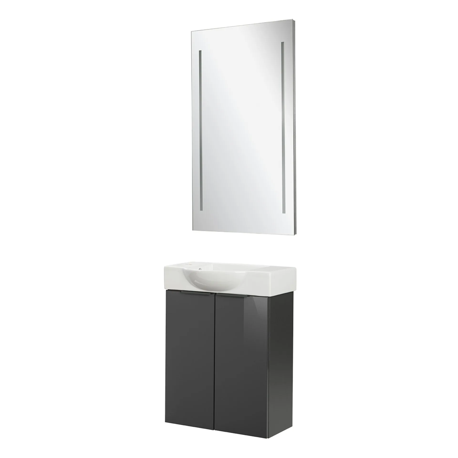 FACKELMANN SBC LUNA Gäste WC Waschtisch Set mit Spiegel 55 cm breit, Anthrazit, Waschbecken Keramik Weiß, Hahnloch links