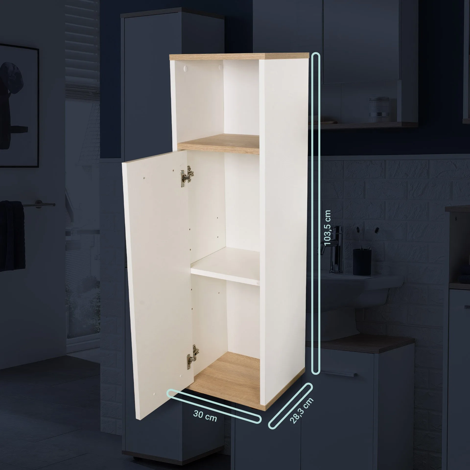 BADEDU ARC Midischrank 30 cm breit, Weiß/Braun hell